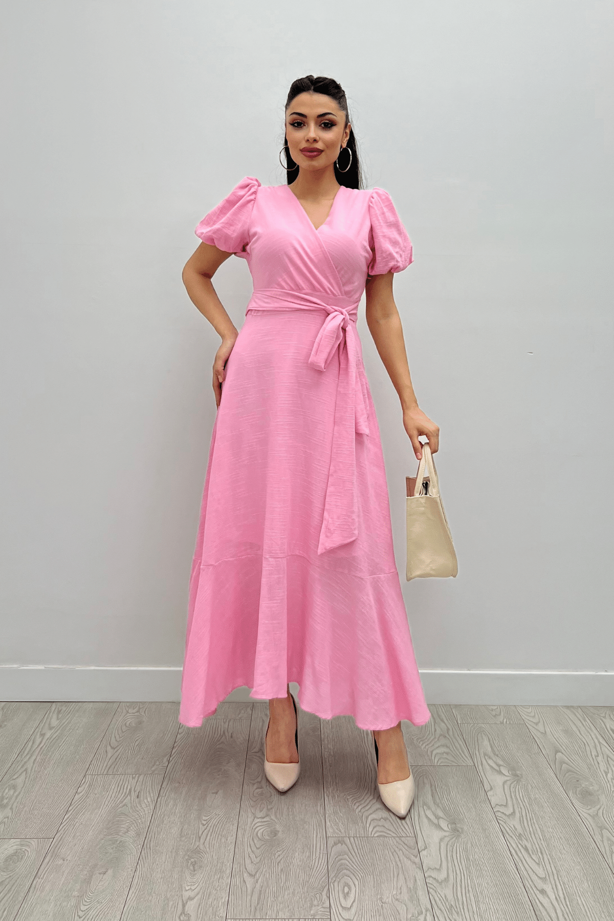 Keten Kumaş Kruvaze Yaka Midi Elbise - PEMBE