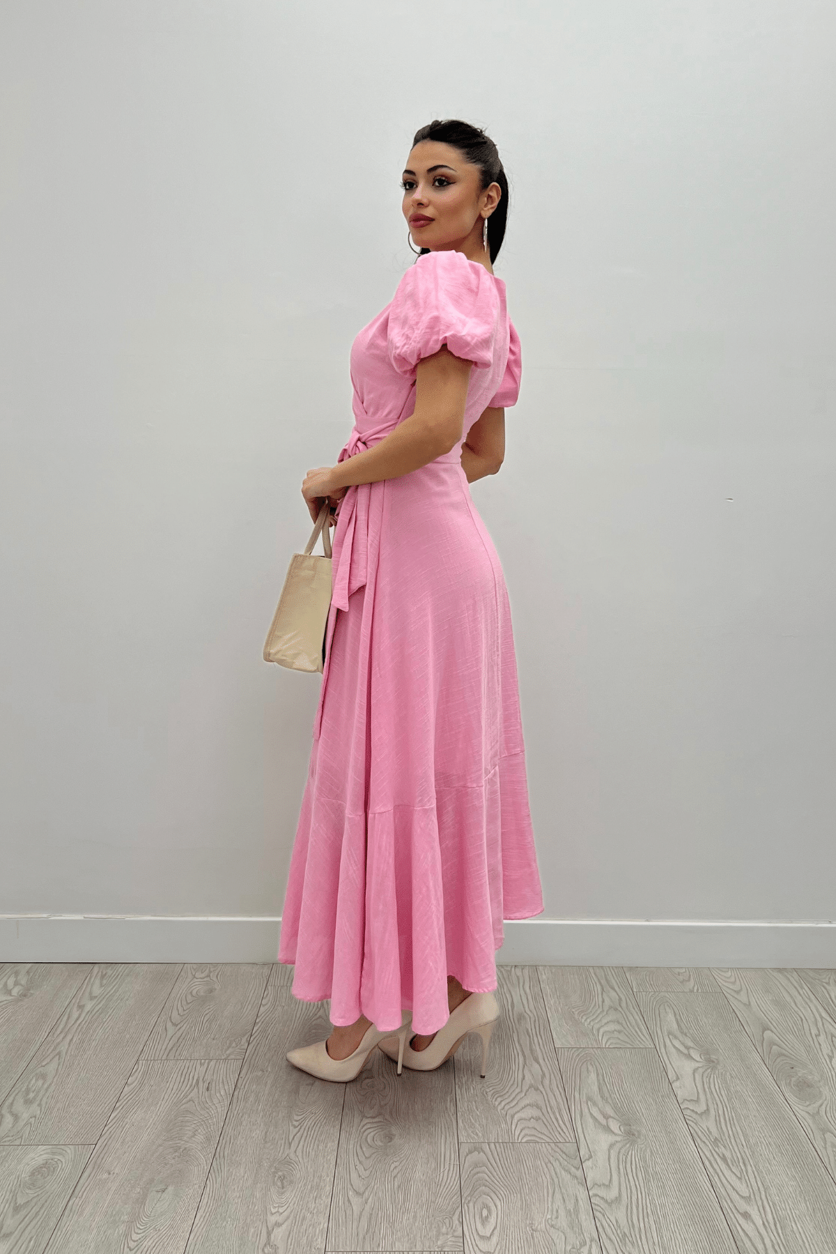 Keten Kumaş Kruvaze Yaka Midi Elbise - PEMBE