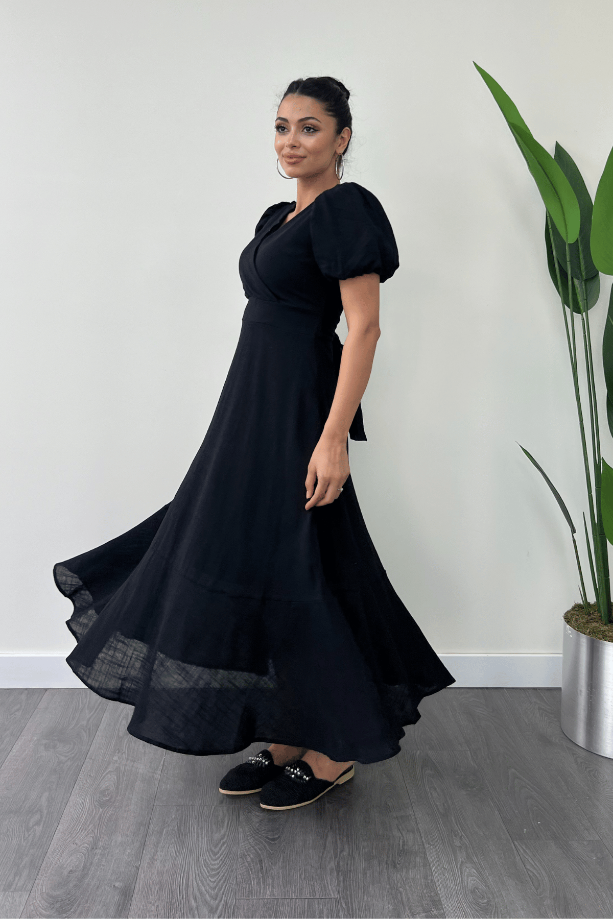 Keten Kumaş Kruvaze Yaka Midi Elbise - SİYAH