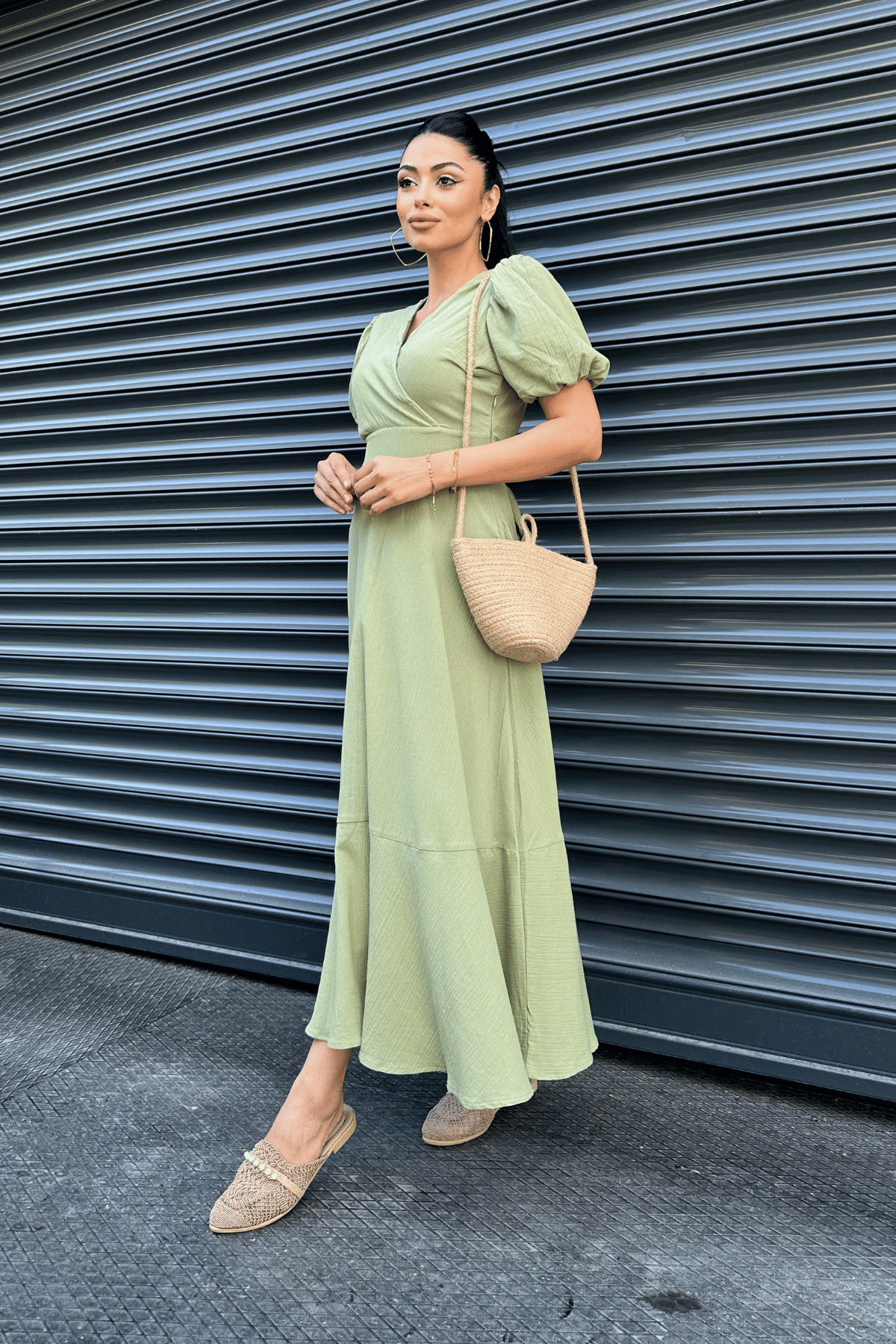 Keten Kumaş Kruvaze Yaka Midi Elbise - YEŞİL