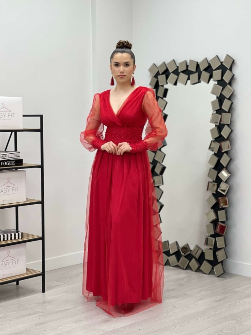 Kolu Beli Boncuk Detaylı Elbise - KIRMIZI