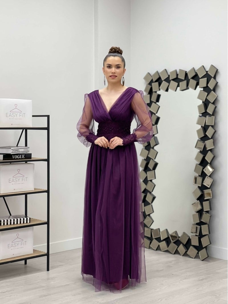 Kolu Beli Boncuk Detaylı Elbise - MOR