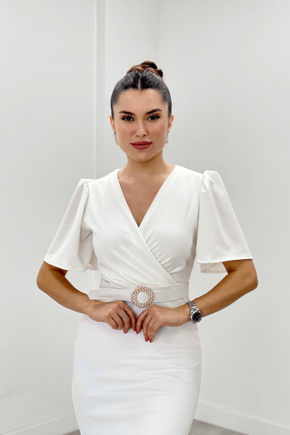 Krep Kumaş Balon Kol Kalem Abiye Elbise - BEYAZ