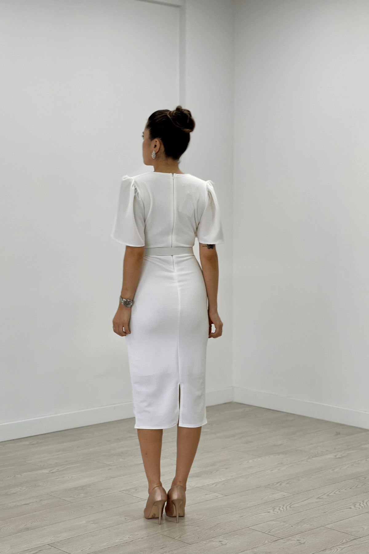 Krep Kumaş Balon Kol Kalem Abiye Elbise - BEYAZ