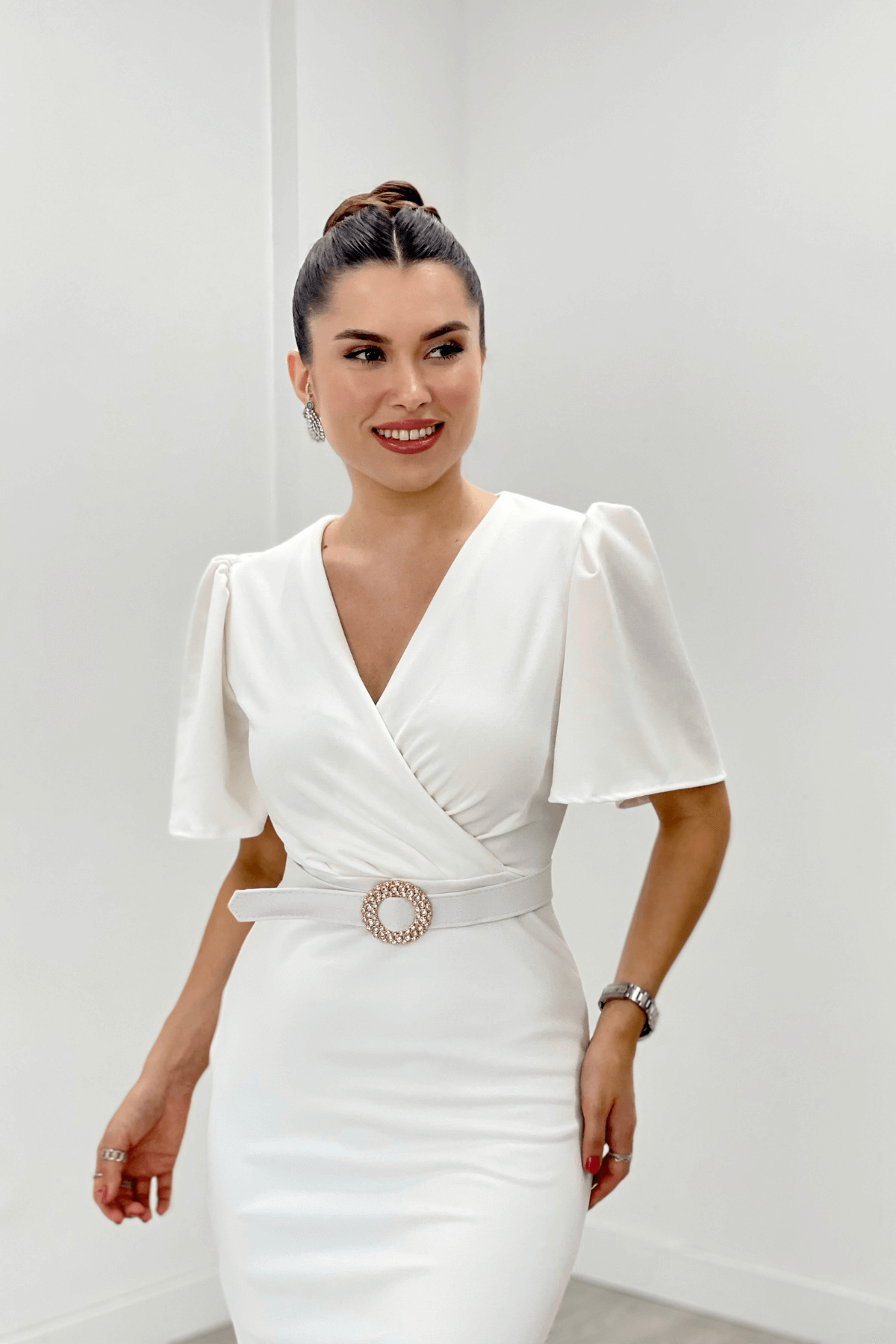 Krep Kumaş Balon Kol Kalem Abiye Elbise - BEYAZ