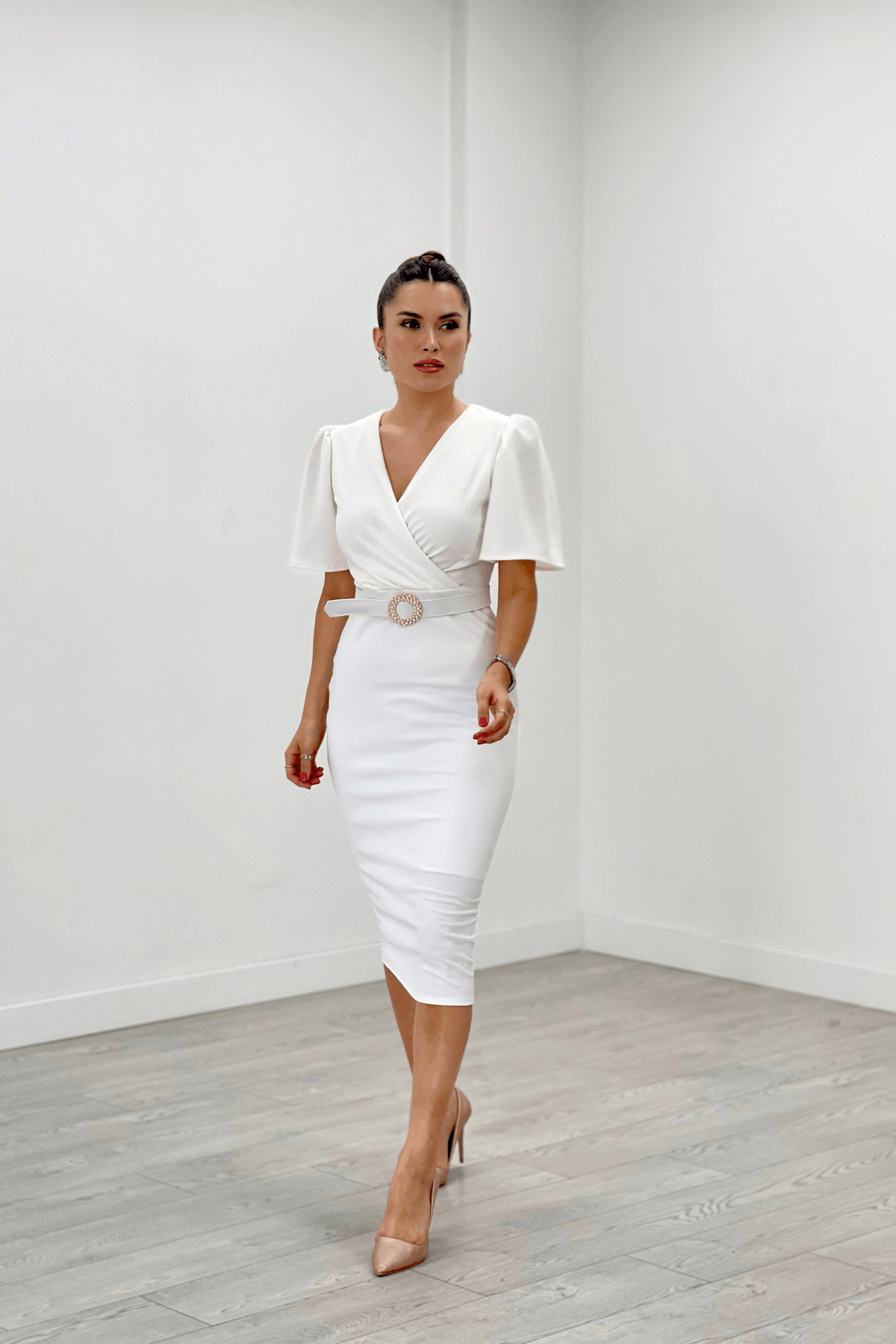 Krep Kumaş Balon Kol Kalem Abiye Elbise - BEYAZ