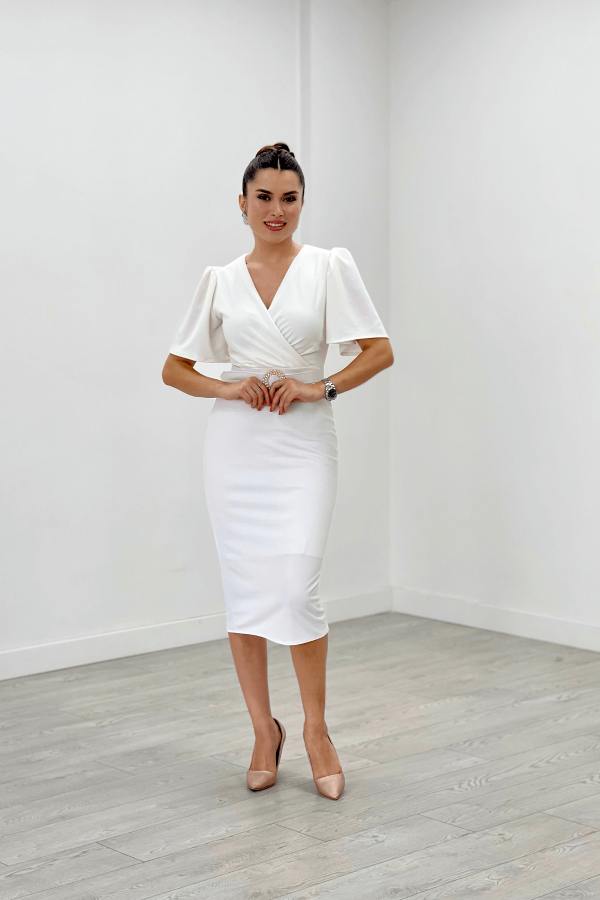 Krep Kumaş Balon Kol Kalem Abiye Elbise - BEYAZ