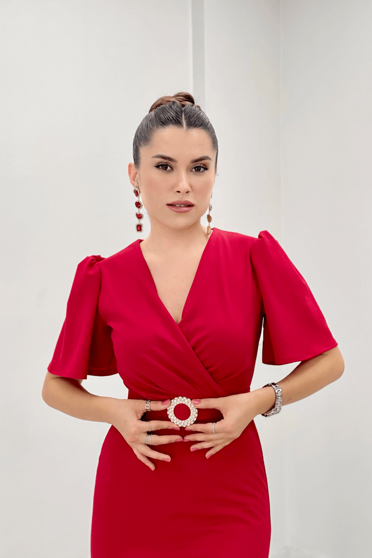 Krep Kumaş Balon Kol Kalem Abiye Elbise - KIRMIZI