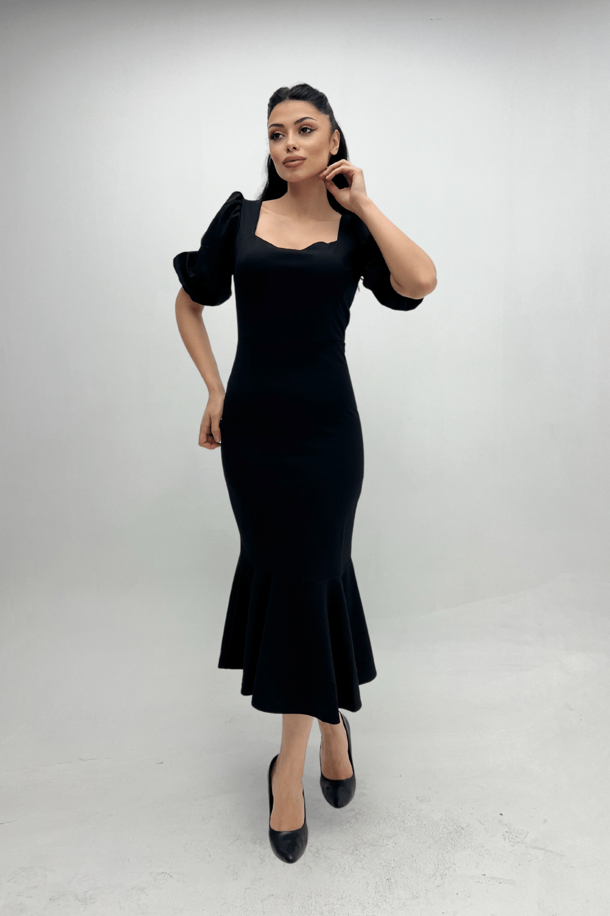 Krep Kumaş Eteği Volanlı Kalem Abiye Elbise - SİYAH