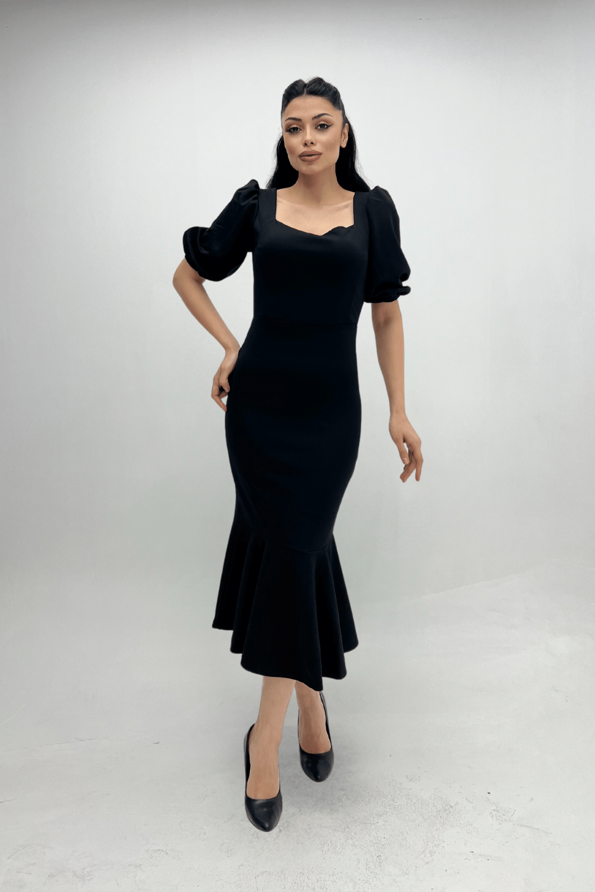 Krep Kumaş Eteği Volanlı Kalem Abiye Elbise - SİYAH