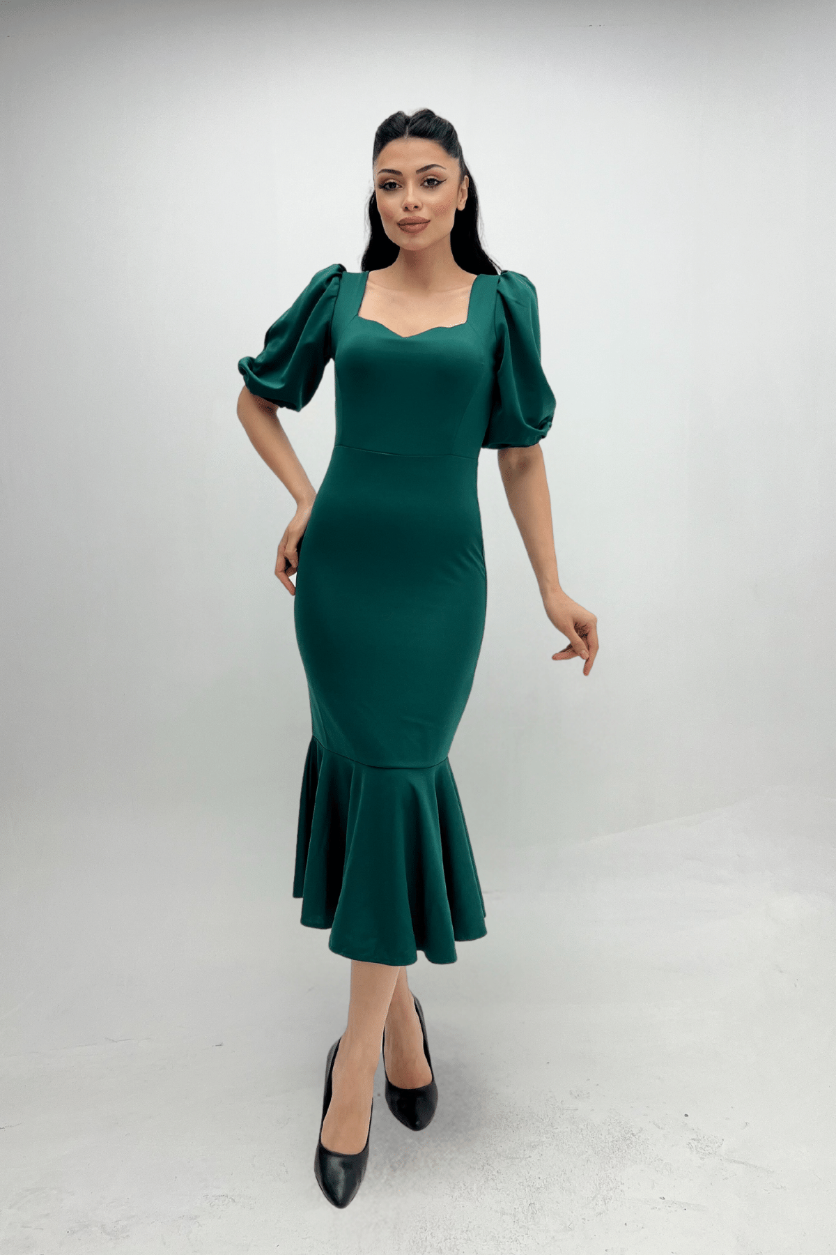 Krep Kumaş Eteği Volanlı Kalem Abiye Elbise - ZÜMRÜT YEŞİL