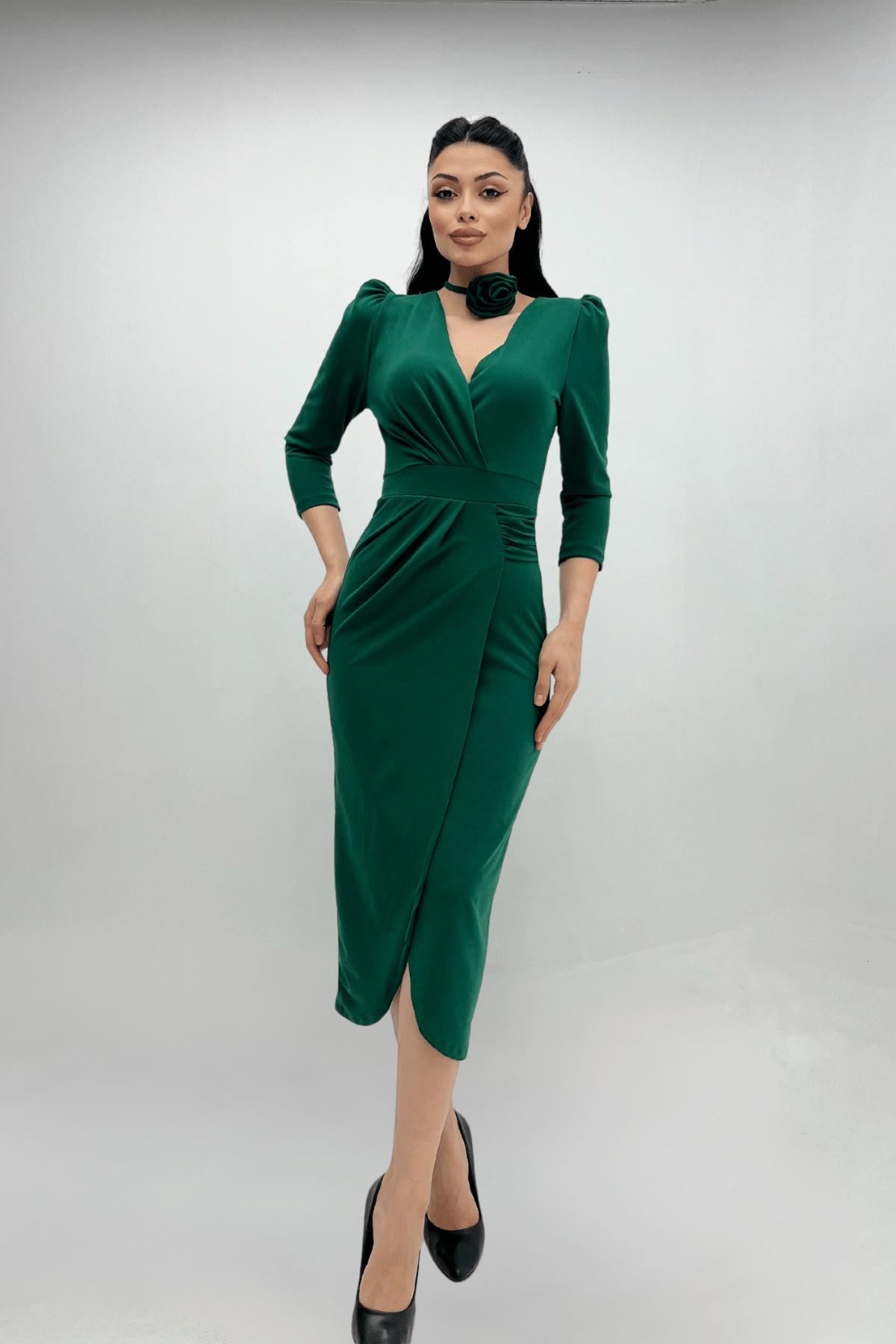 Krep Kumaş Gül Detaylı Ceket Elbise - ZÜMRÜT YEŞİL