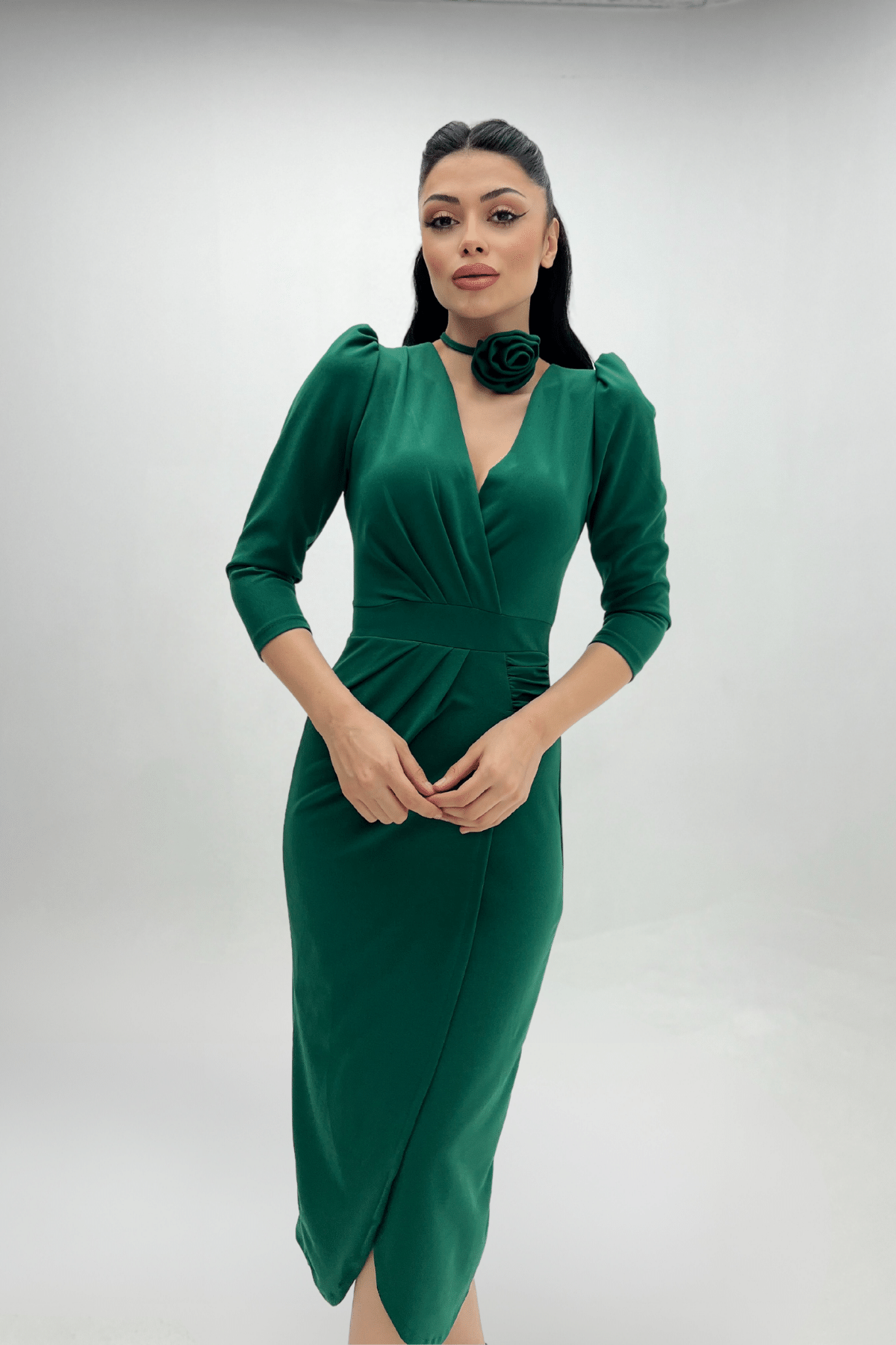 Krep Kumaş Gül Detaylı Ceket Elbise - ZÜMRÜT YEŞİL
