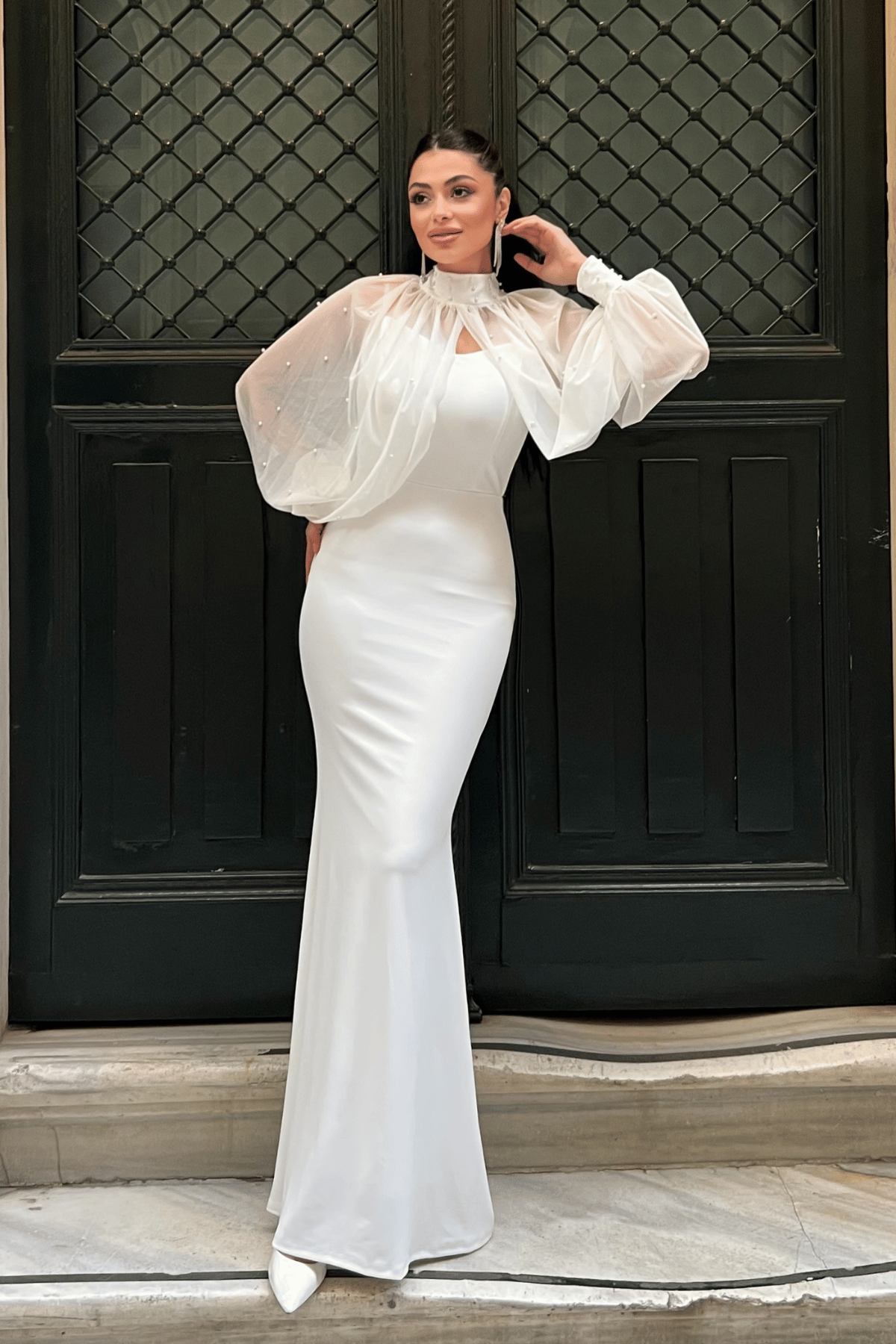 Krep Kumaş İnci Bolero Detaylı Balık Elbise - BEYAZ