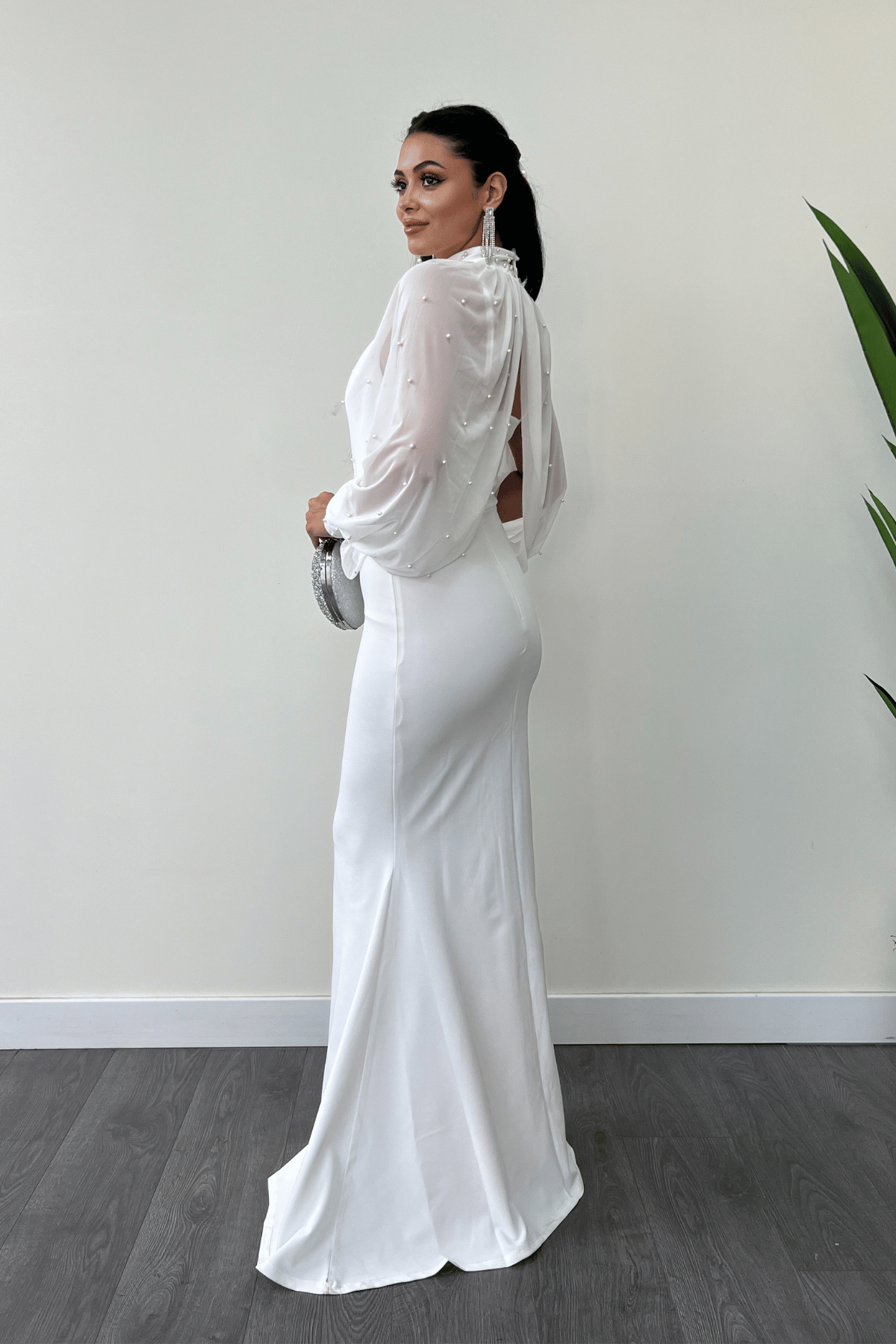 Krep Kumaş İnci Bolero Detaylı Balık Elbise - BEYAZ