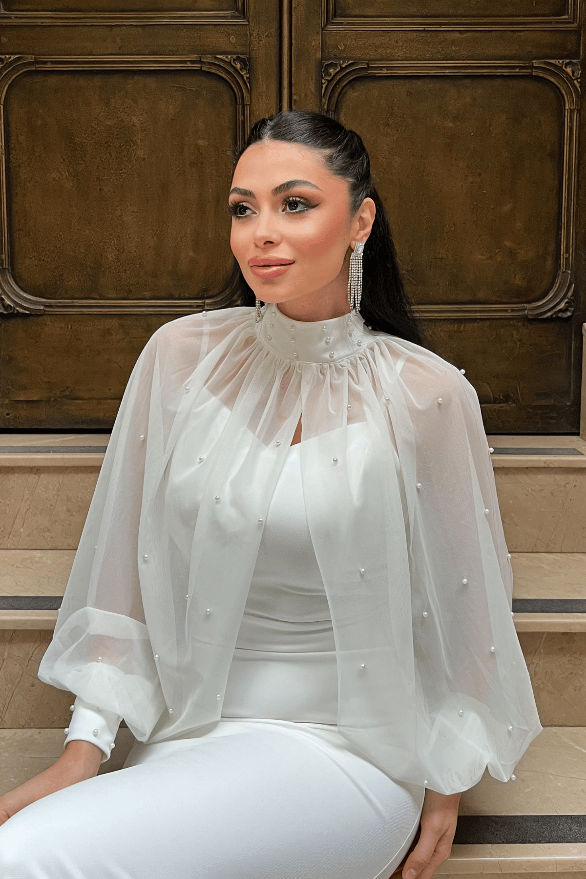 Krep Kumaş İnci Bolero Detaylı Balık Elbise - BEYAZ