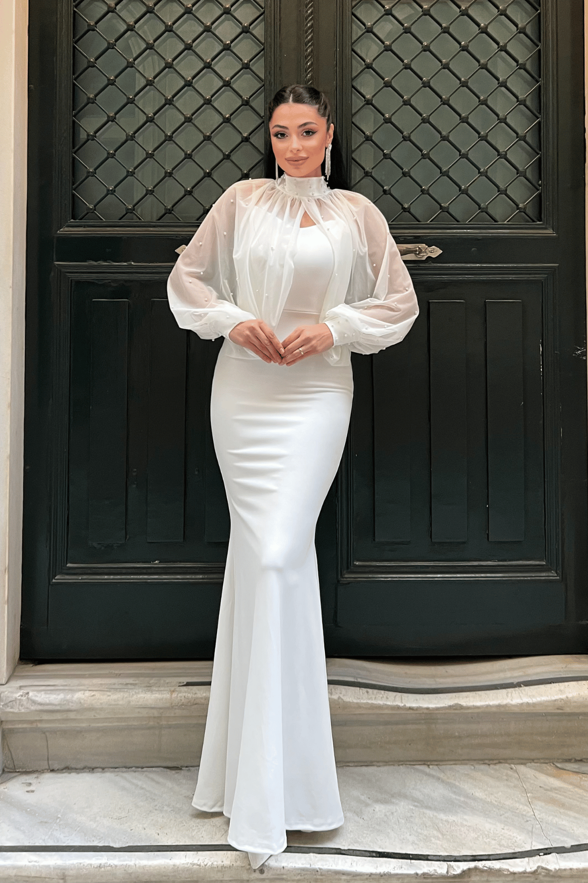 Krep Kumaş İnci Bolero Detaylı Balık Elbise - BEYAZ