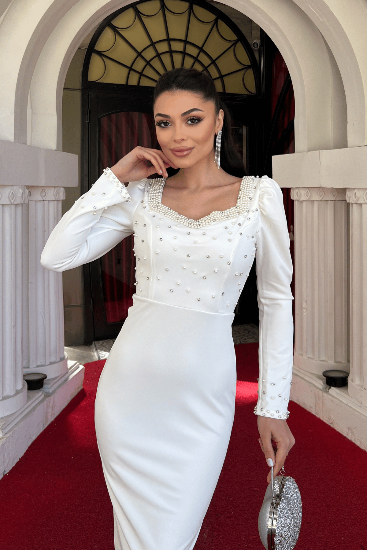 Krep Kumaş İnci Detaylı Kalem Abiye Elbise - BEYAZ