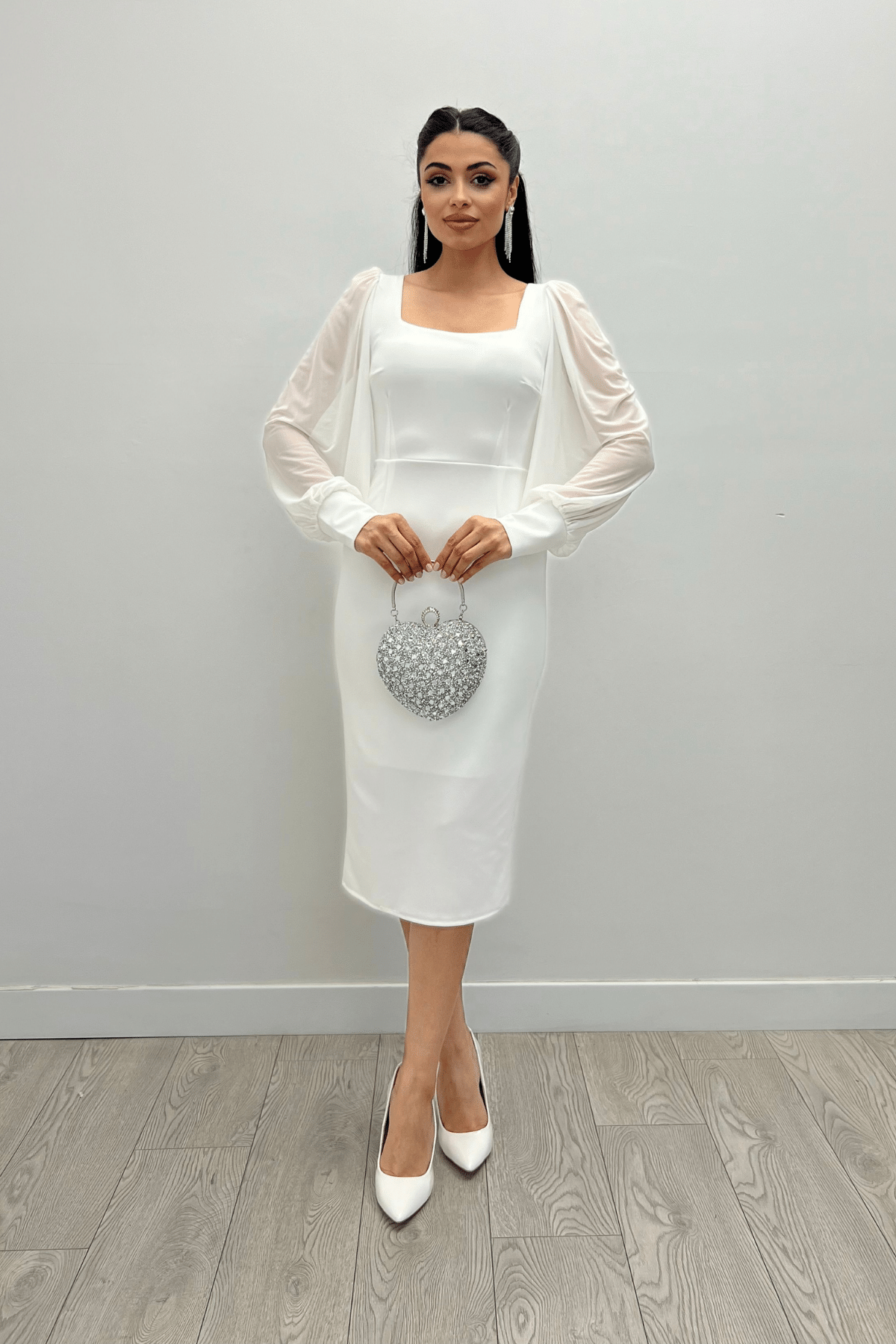 Crepe Fabric Sweetheart Neckline Pencil Dress - WHITE