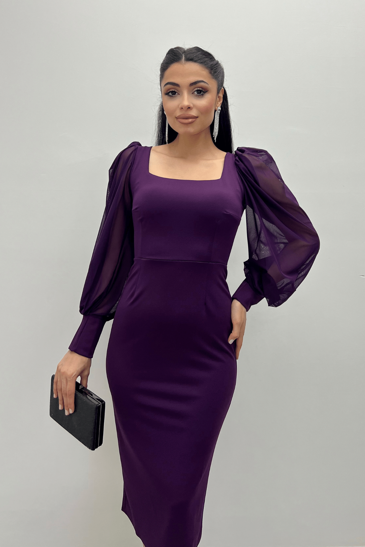 Crepe Fabric Sweetheart Neckline Pencil Dress - EGGPLANT PURPLE