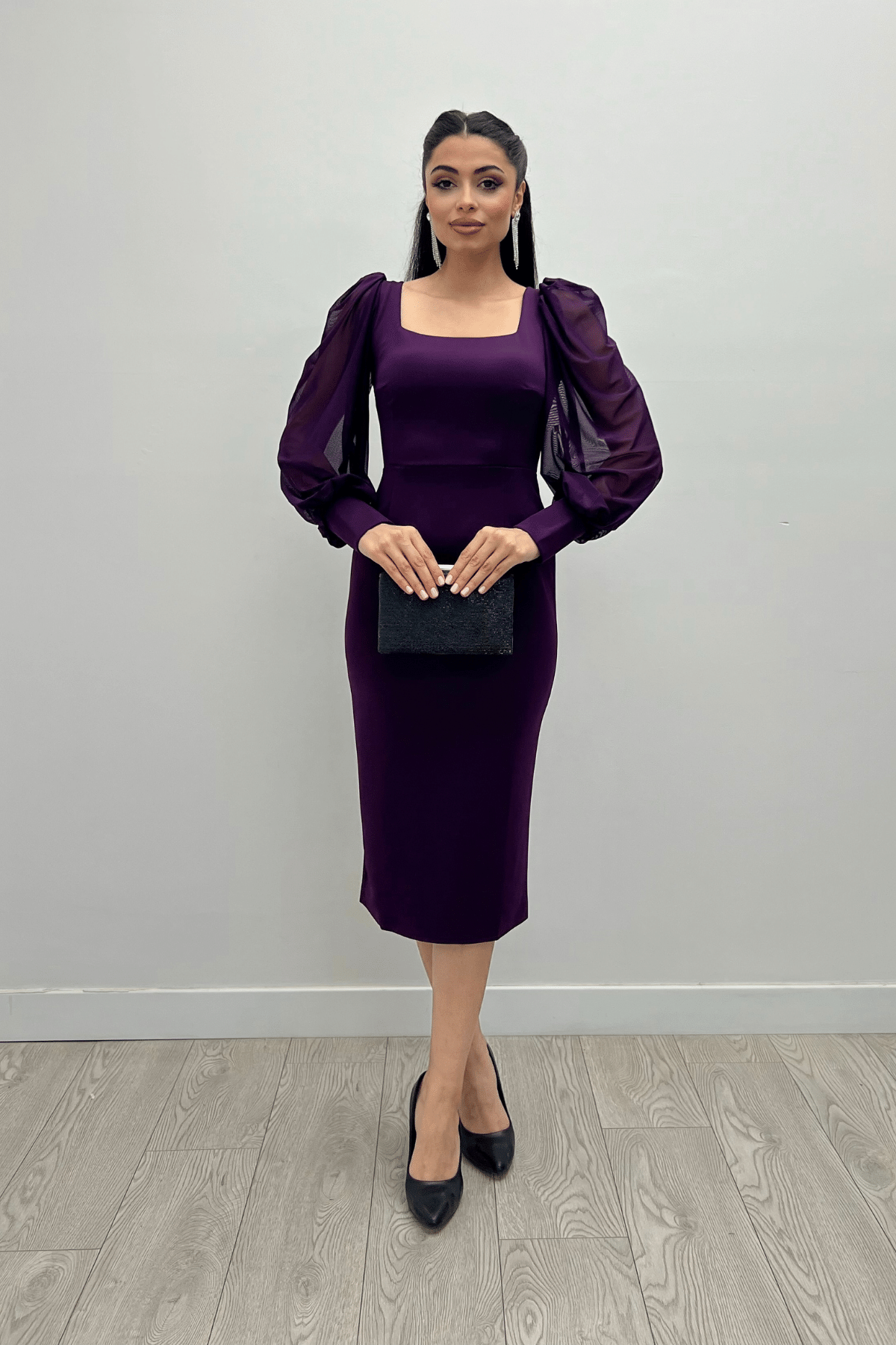 Crepe Fabric Sweetheart Neckline Pencil Dress - EGGPLANT PURPLE