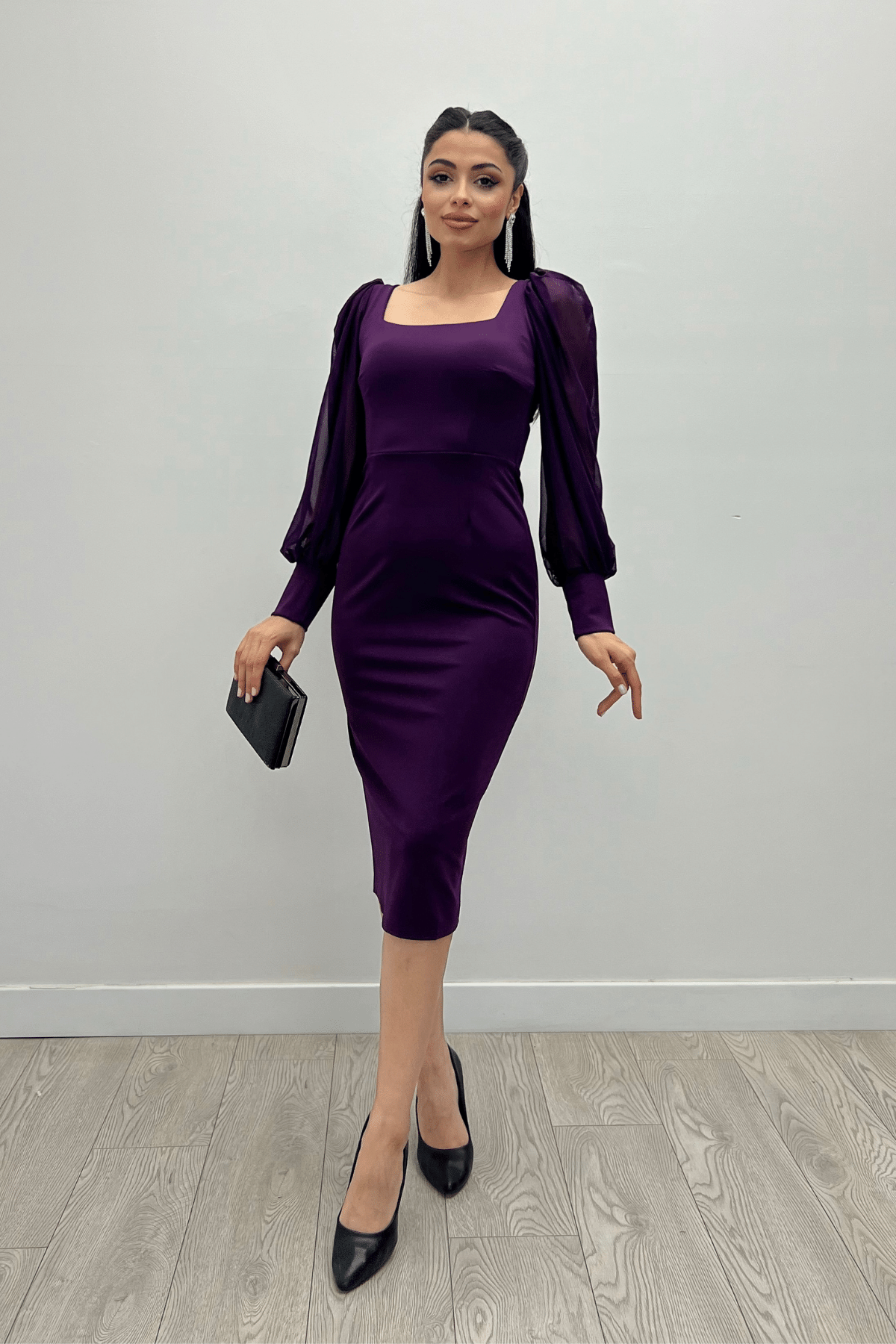 Crepe Fabric Sweetheart Neckline Pencil Dress - EGGPLANT PURPLE