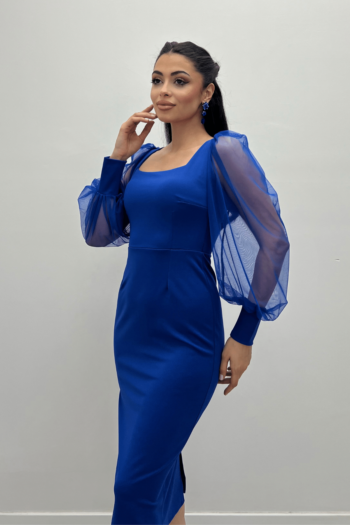 فستان من قماش الكريب بياقة مربعة - ساكس بلو