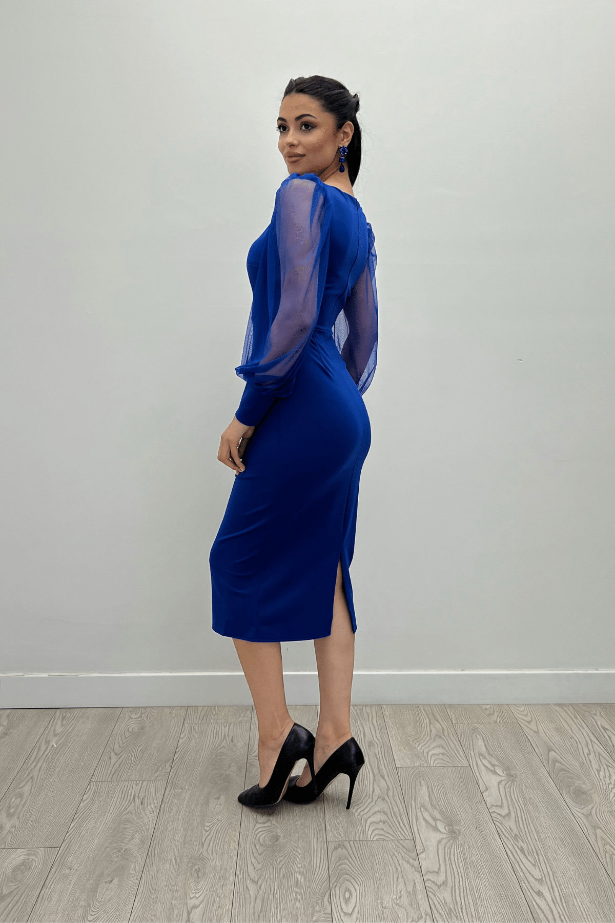 فستان من قماش الكريب بياقة مربعة - ساكس بلو