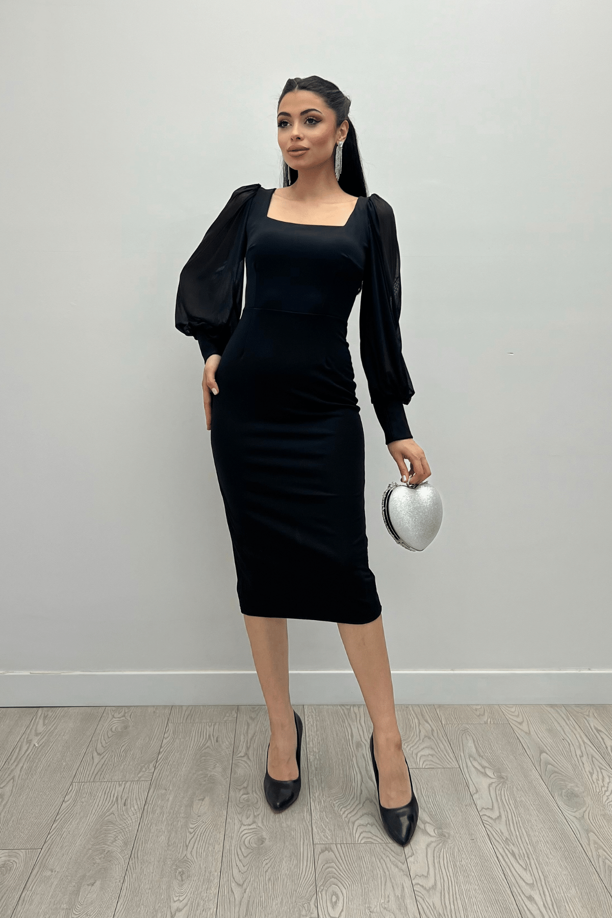 Crepe Fabric Sweetheart Neckline Pencil Dress - BLACK