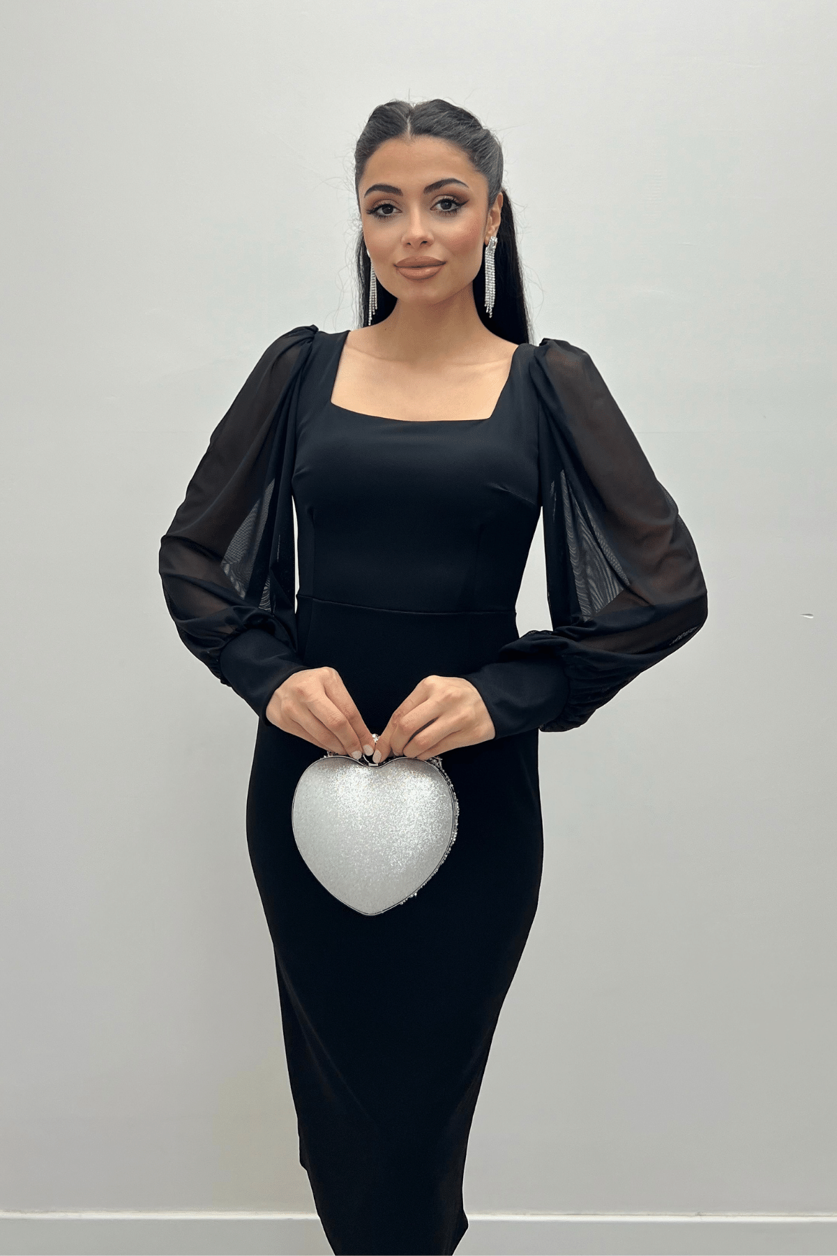 Crepe Fabric Sweetheart Neckline Pencil Dress - BLACK