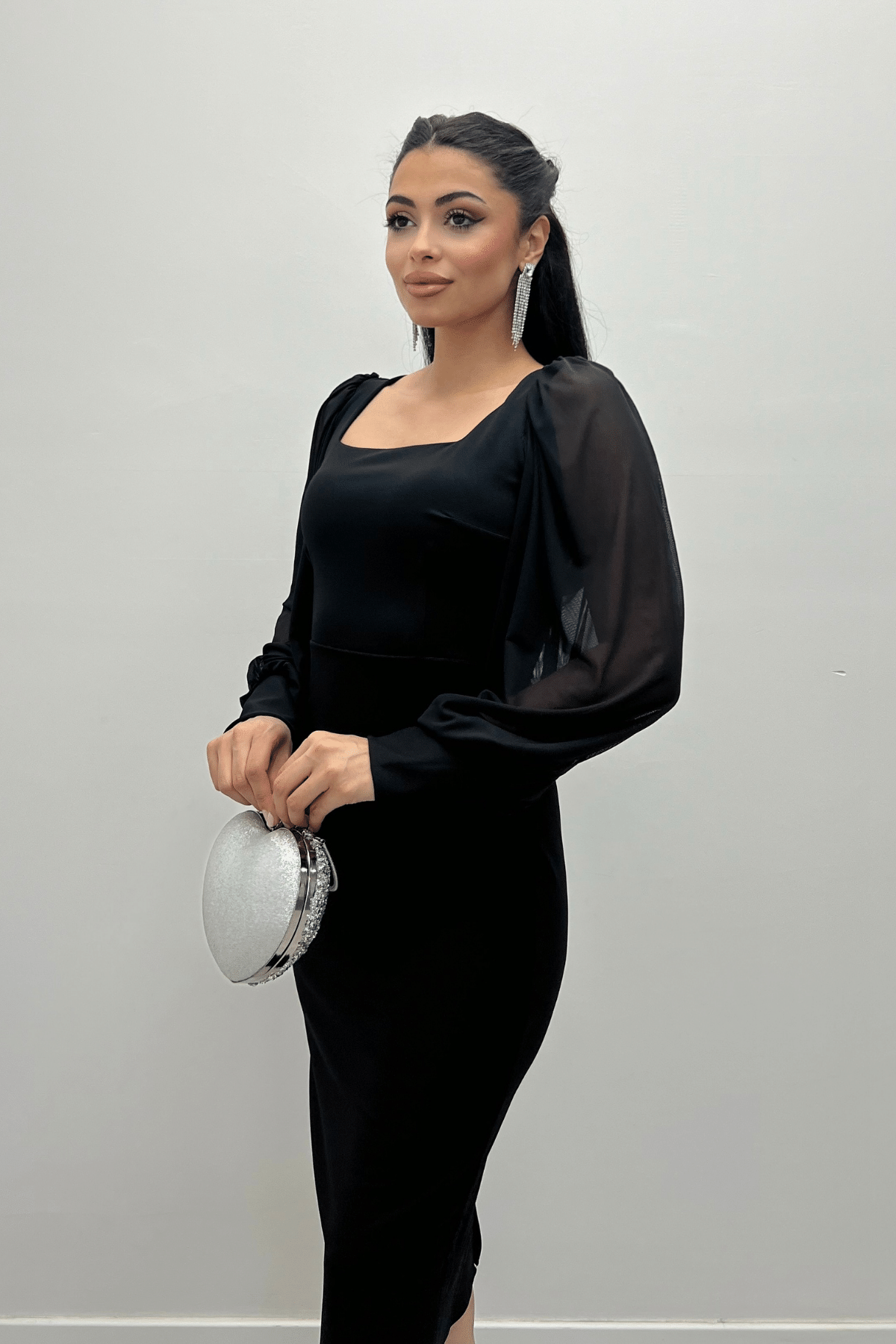 Crepe Fabric Sweetheart Neckline Pencil Dress - BLACK
