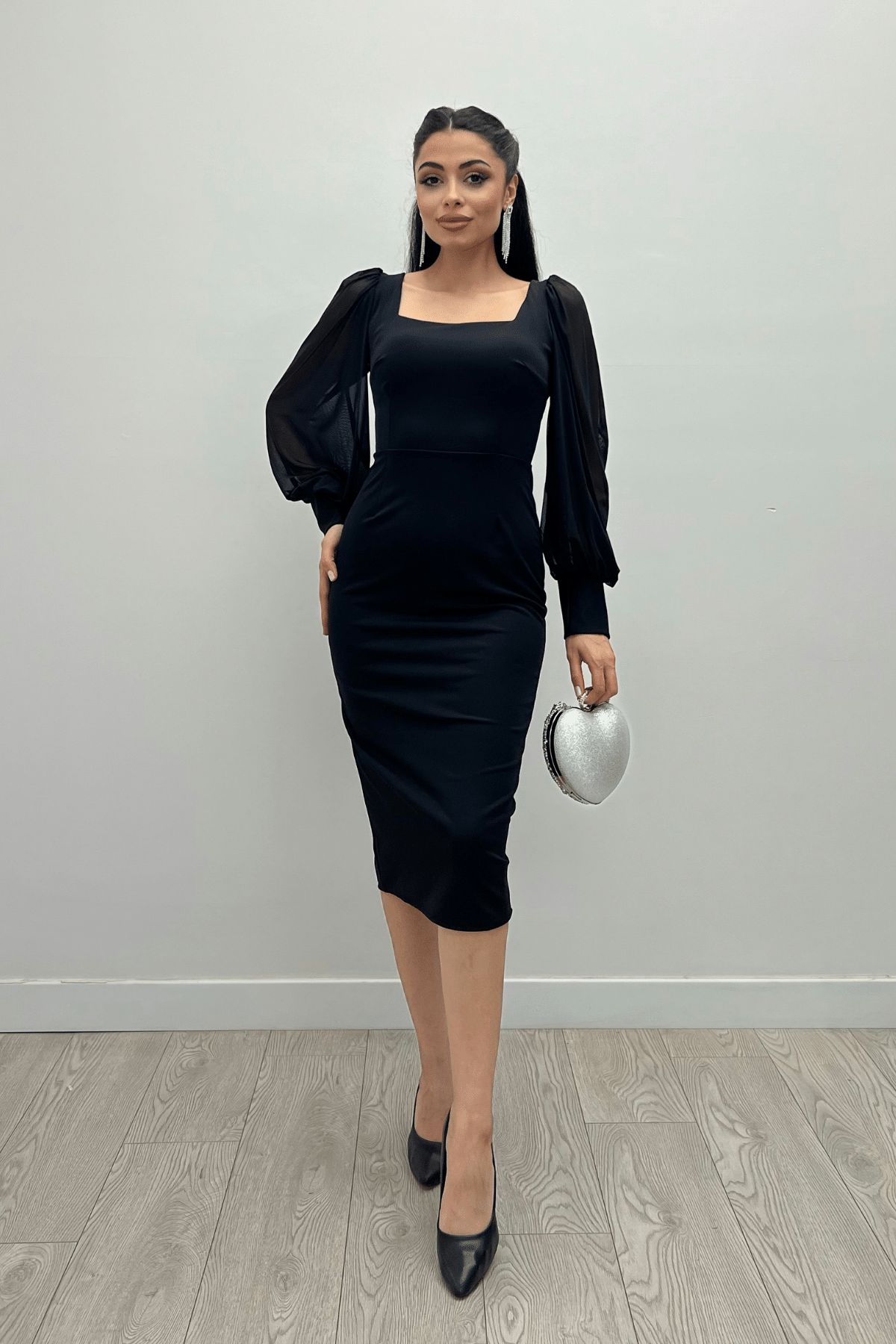 Crepe Fabric Sweetheart Neckline Pencil Dress - BLACK
