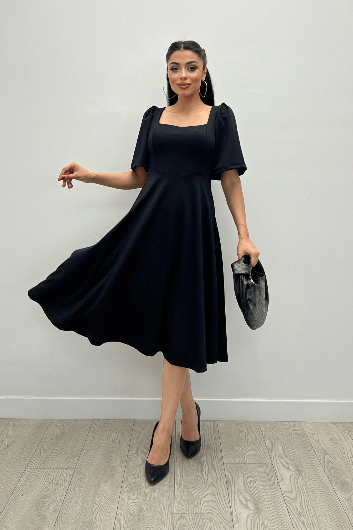 Krep Kumaş Kare Yaka Midiboy Abiye Elbise - SİYAH