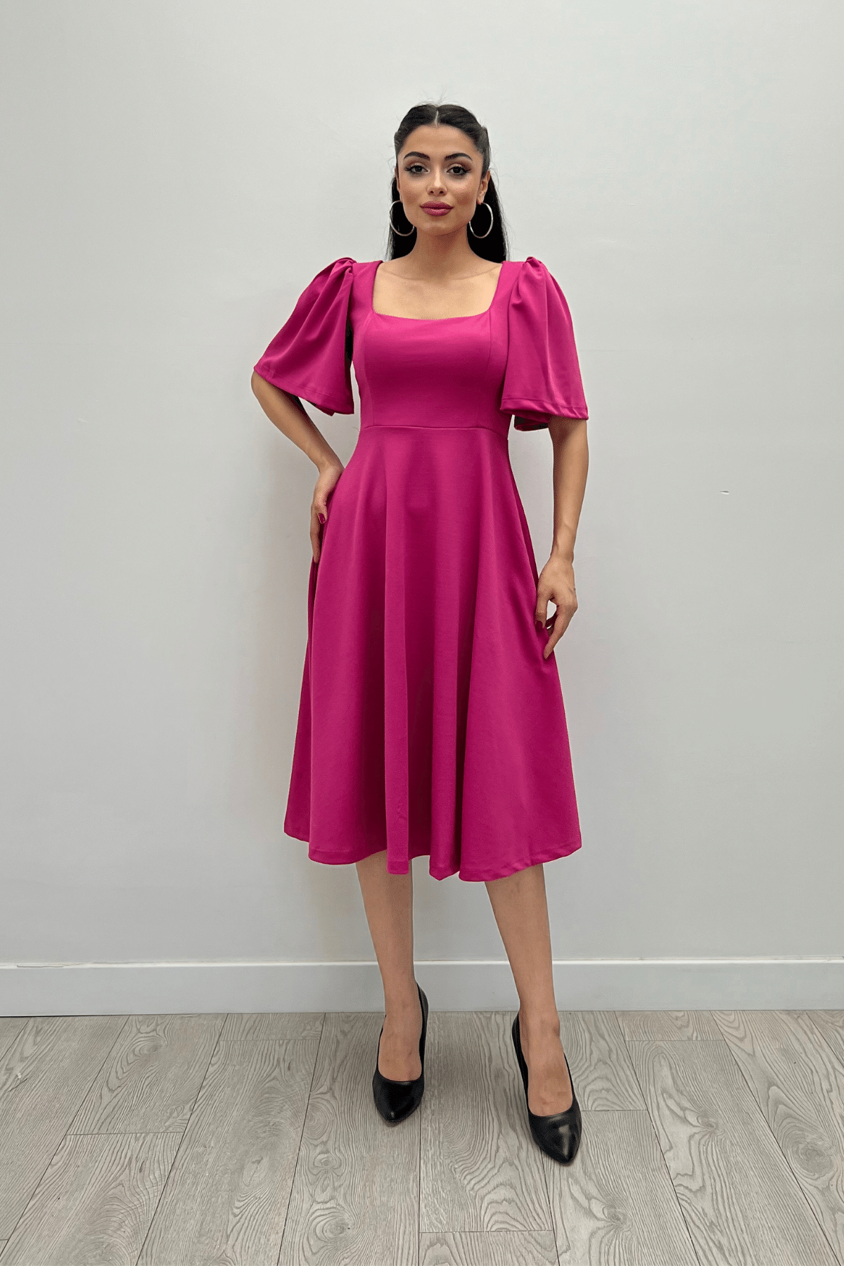 Krep Kumaş Kare Yaka Midiboy Abiye Elbise - FUŞYA