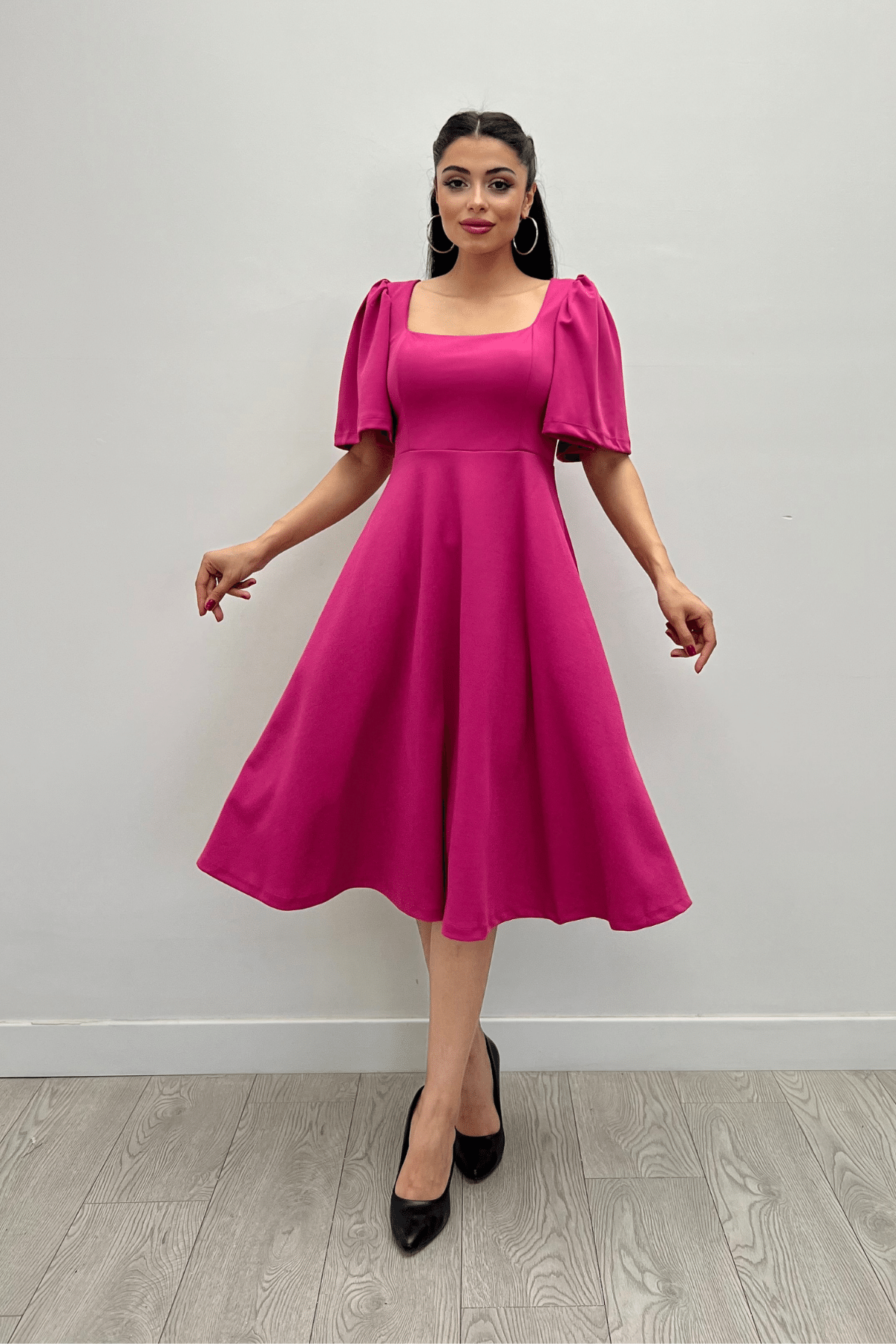 Krep Kumaş Kare Yaka Midiboy Abiye Elbise - FUŞYA