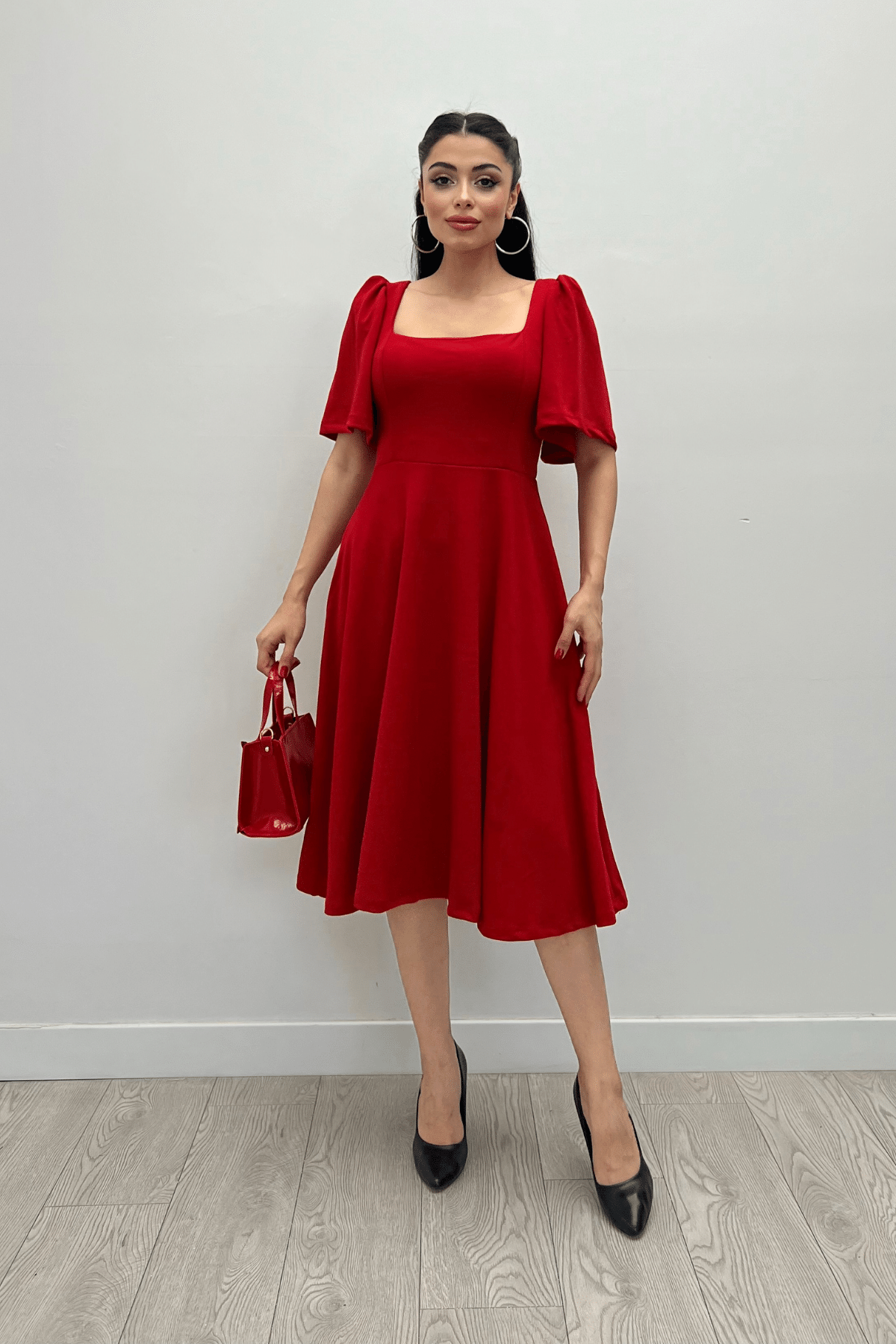 Krep Kumaş Kare Yaka Midiboy Abiye Elbise - KIRMIZI