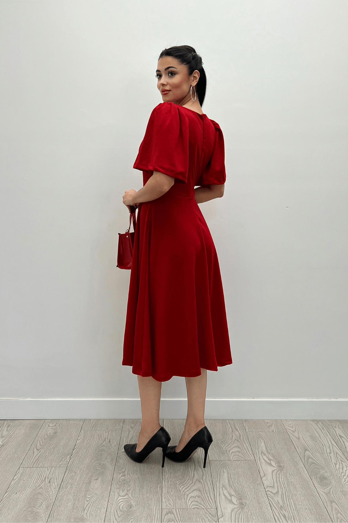 Krep Kumaş Kare Yaka Midiboy Abiye Elbise - KIRMIZI