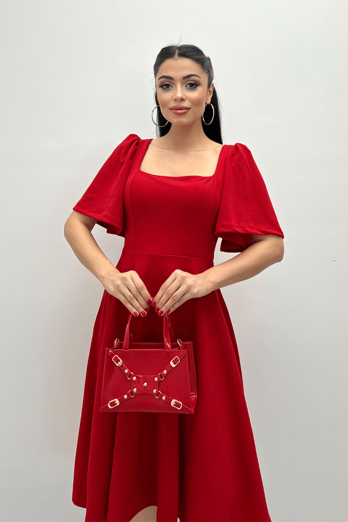 Krep Kumaş Kare Yaka Midiboy Abiye Elbise - KIRMIZI