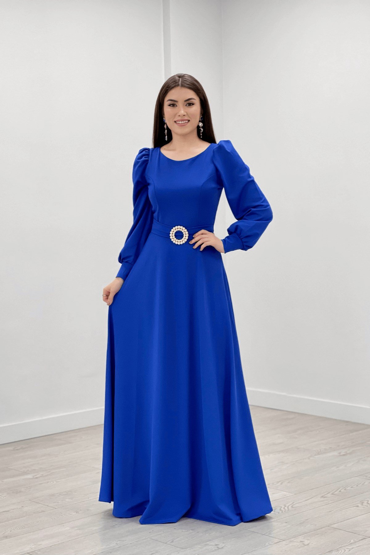 Krep Kumaş Kemer Detaylı Abiye Elbise - SAKS MAVİ