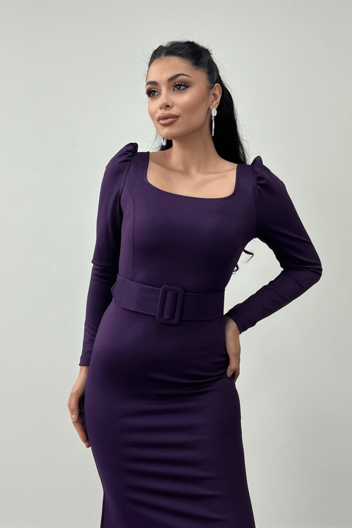 فستان سمك بحزام من قماش الكريب - الباذنجان الأرجواني