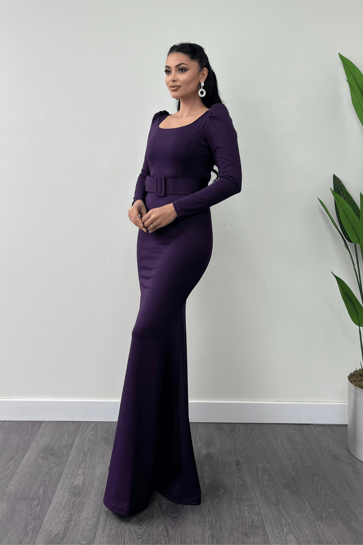 فستان سمك بحزام من قماش الكريب - الباذنجان الأرجواني