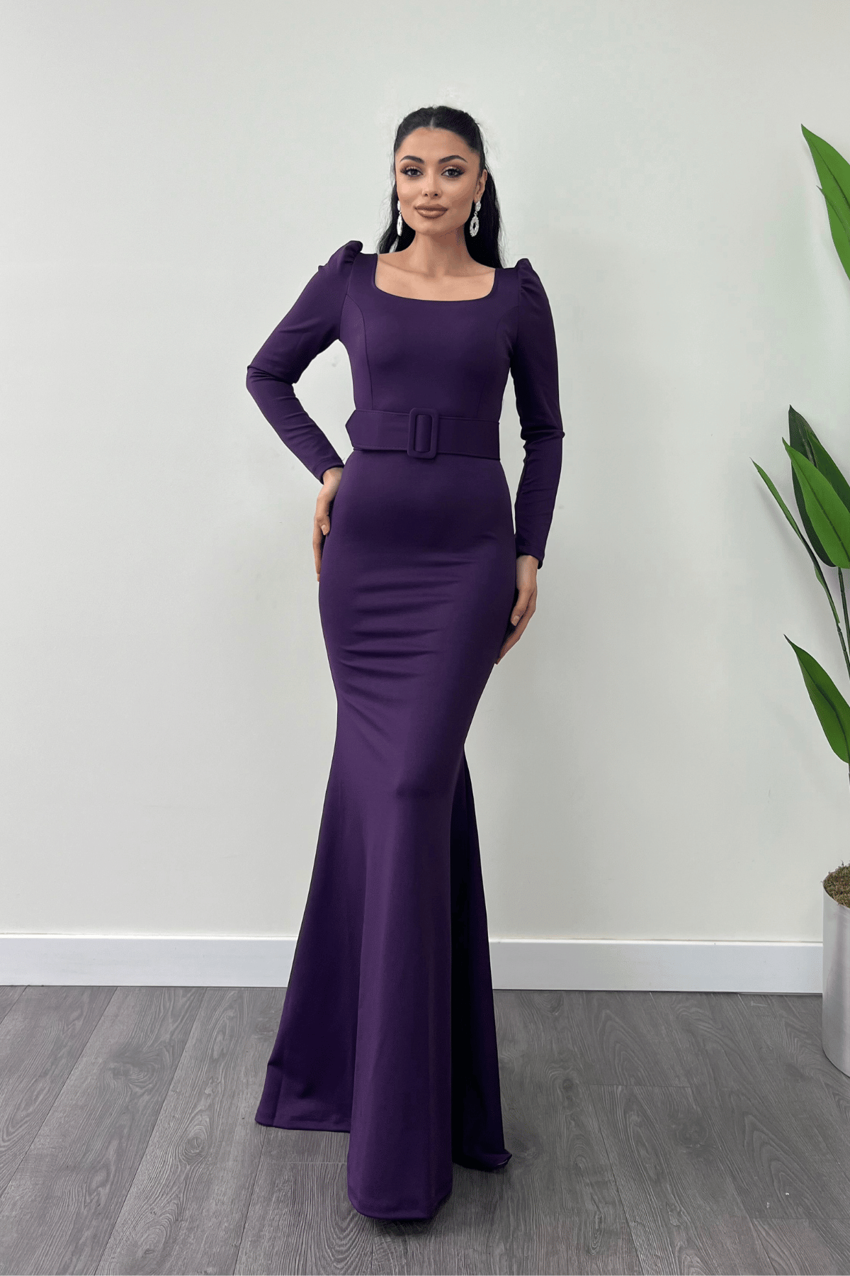 فستان سمك بحزام من قماش الكريب - الباذنجان الأرجواني