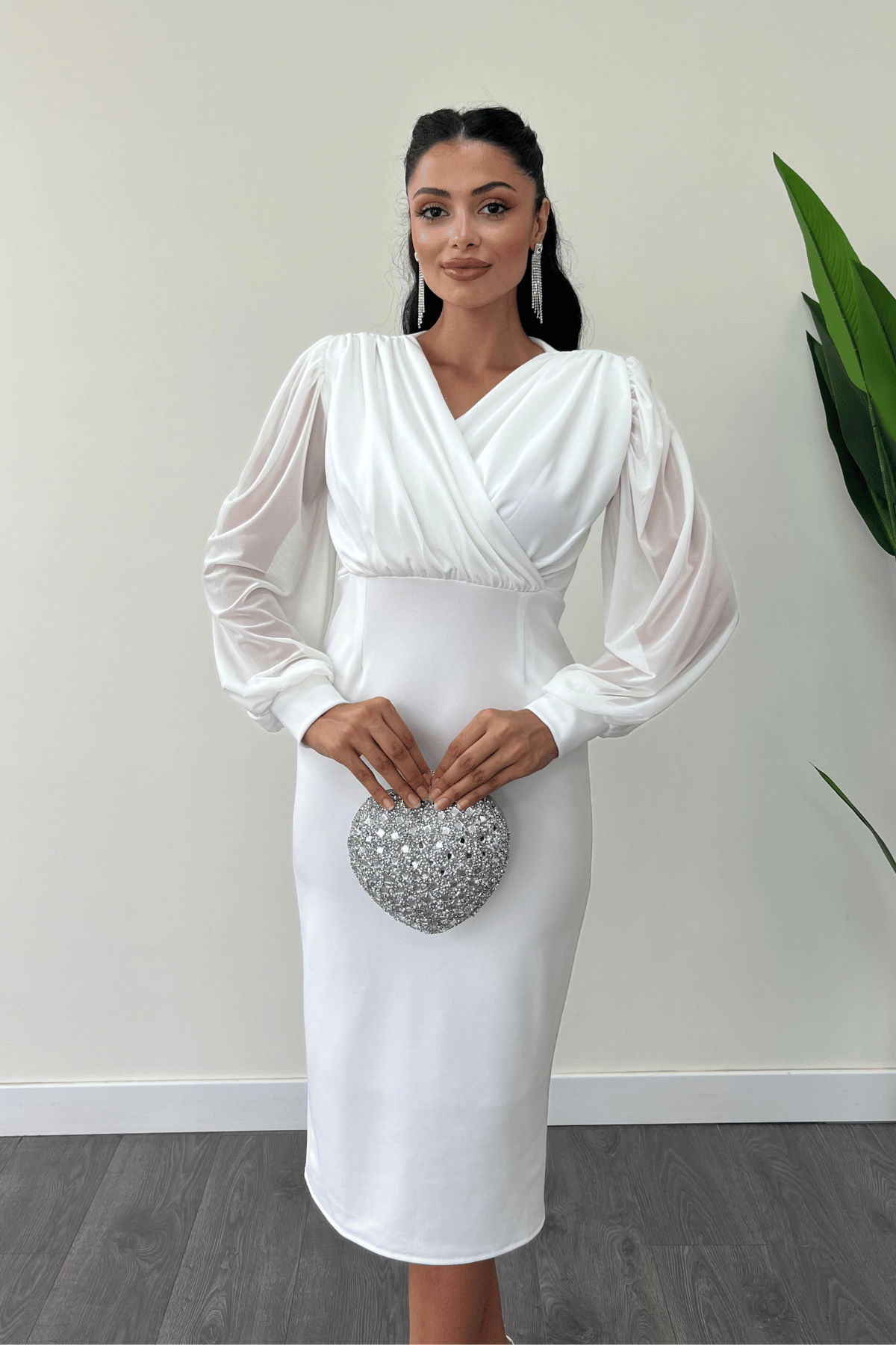 Krep Kumaş Kollar Tül Kalem Elbise - BEYAZ