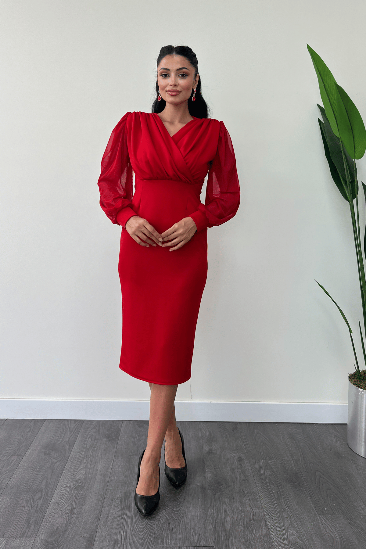 Krep Kumaş Kollar Tül Kalem Elbise - KIRMIZI