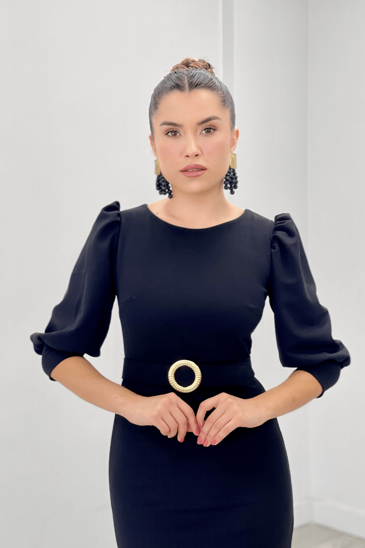 Krep Kumaş Kolları Balon Detaylı Kalem Elbise - SİYAH