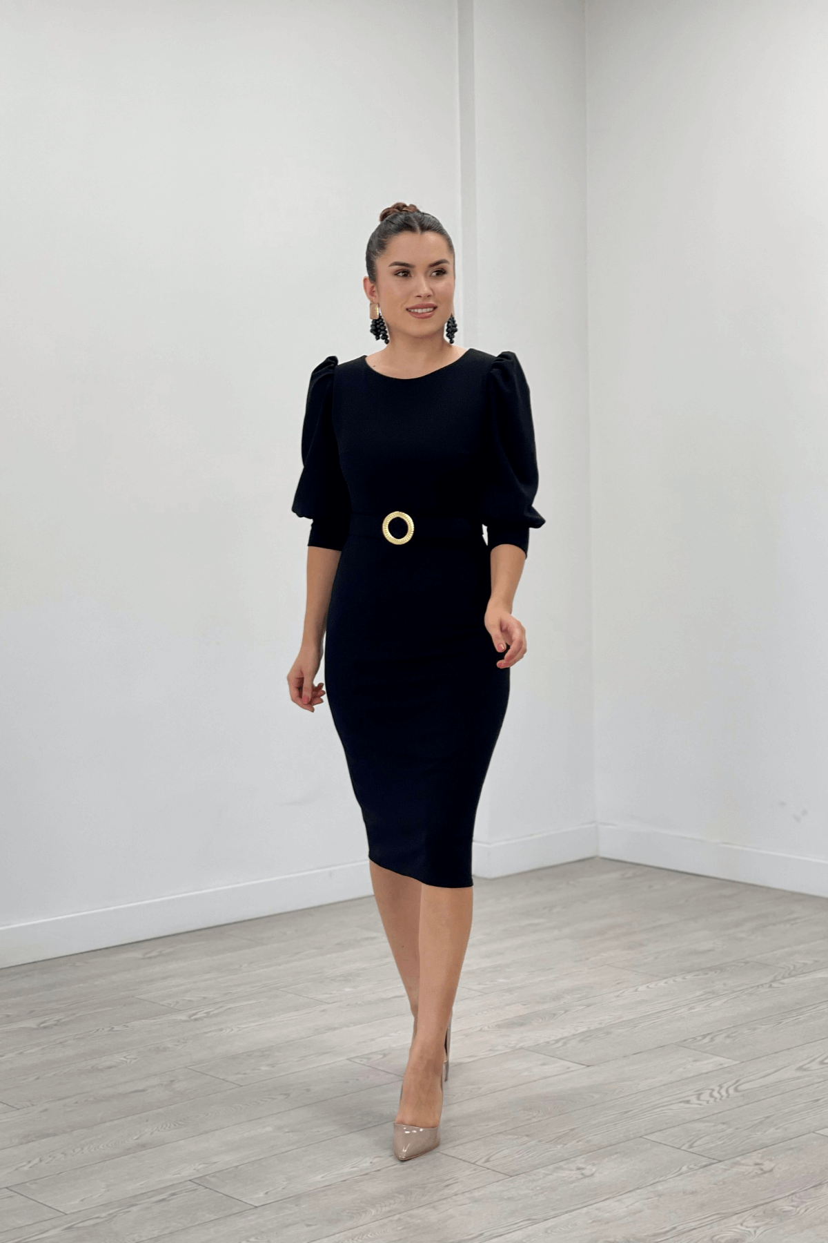 Krep Kumaş Kolları Balon Detaylı Kalem Elbise - SİYAH