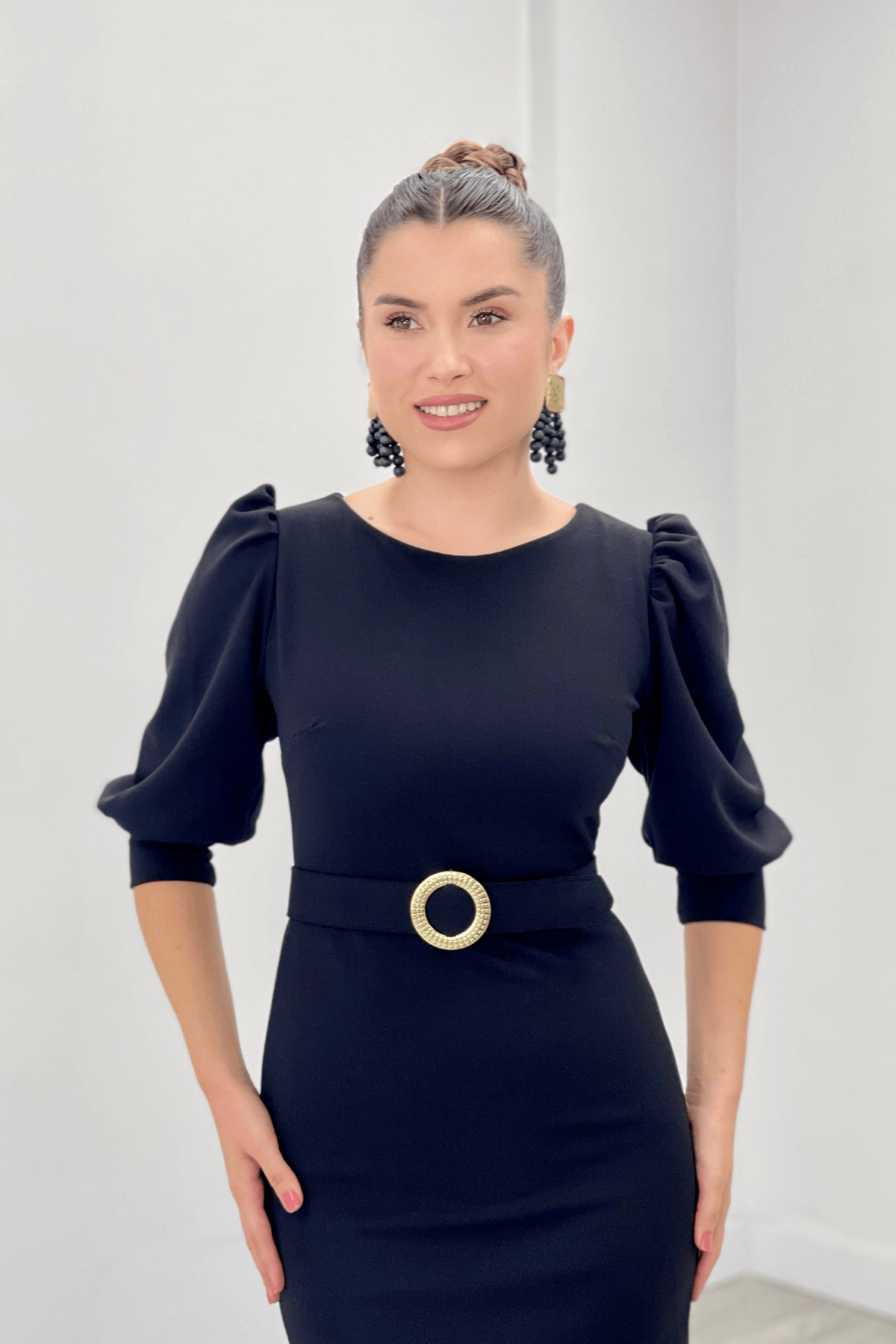 Krep Kumaş Kolları Balon Detaylı Kalem Elbise - SİYAH