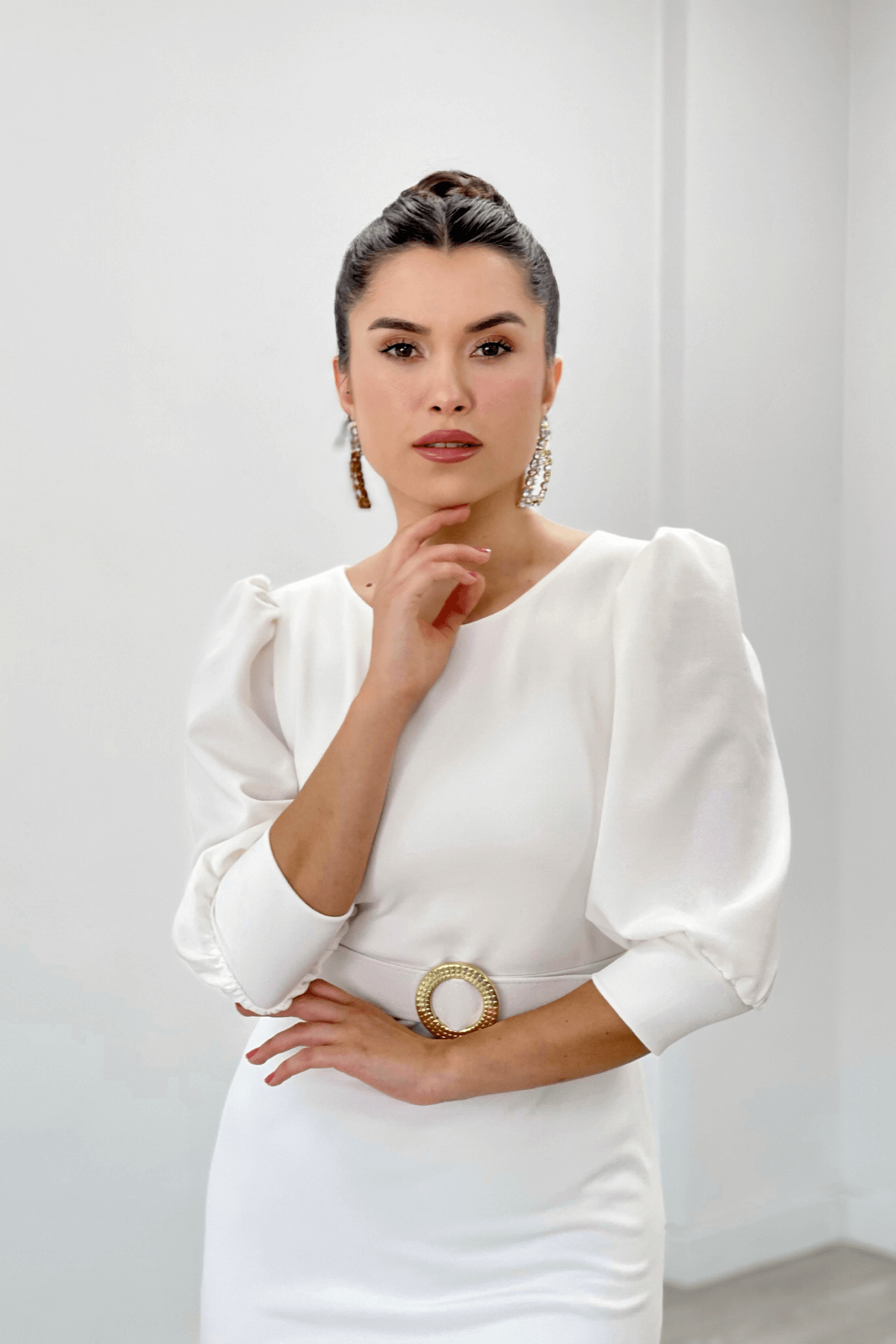 Krep Kumaş Kolları Balon Detaylı Kalem Elbise - BEYAZ