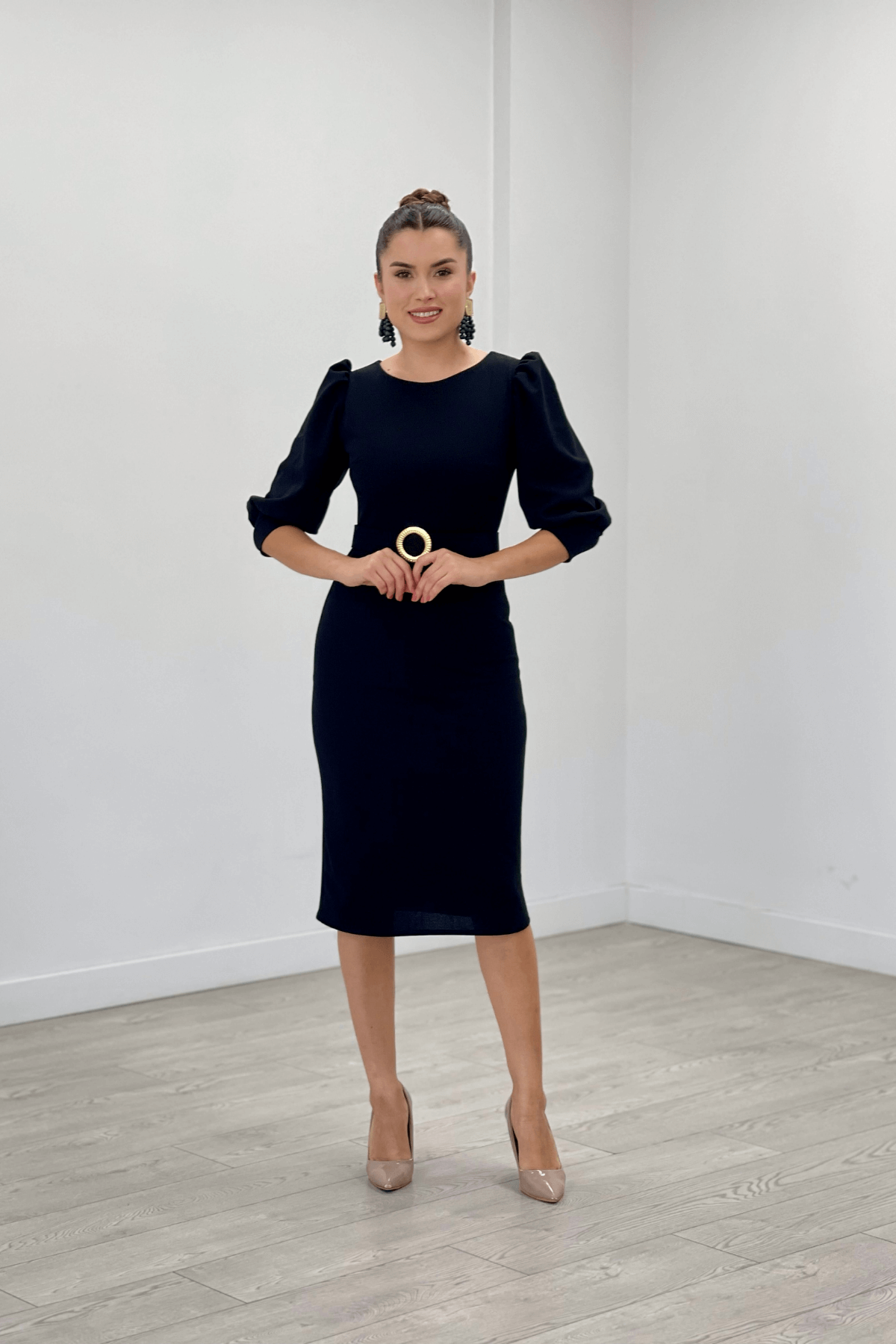 Krep Kumaş Kolları Balon Detaylı Kalem Elbise - SİYAH