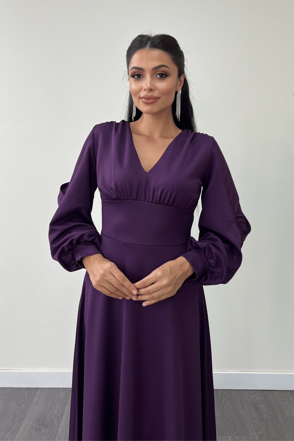 Krep Kumaş Kolları Tül Abiye Elbise - PATLICAN MOR